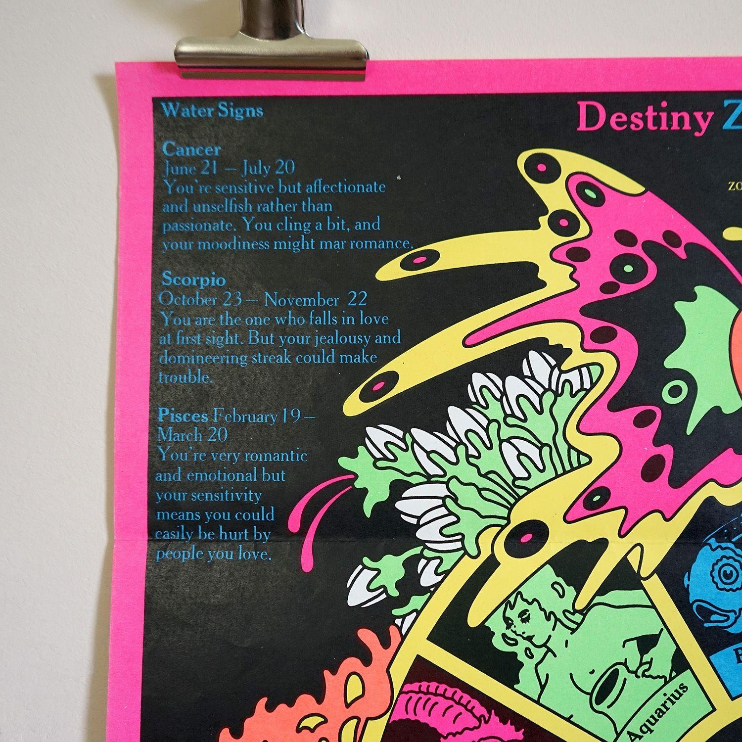 Affiche psychédélique vintage Destiny Zodiac Love Chart de Michael Farrell, 1970 Bon état - En vente à Bristol, GB