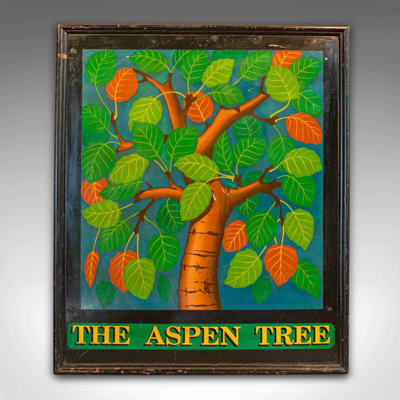 Our Stock # 18.6494

This is a vintage pub sign. An English, pine single-sided sign, hand painted with the name 'The Aspen Tree', dating to the mid-20th century, circa 1950.

Vibrant color sets this sign off wonderfully
Displays a desirable