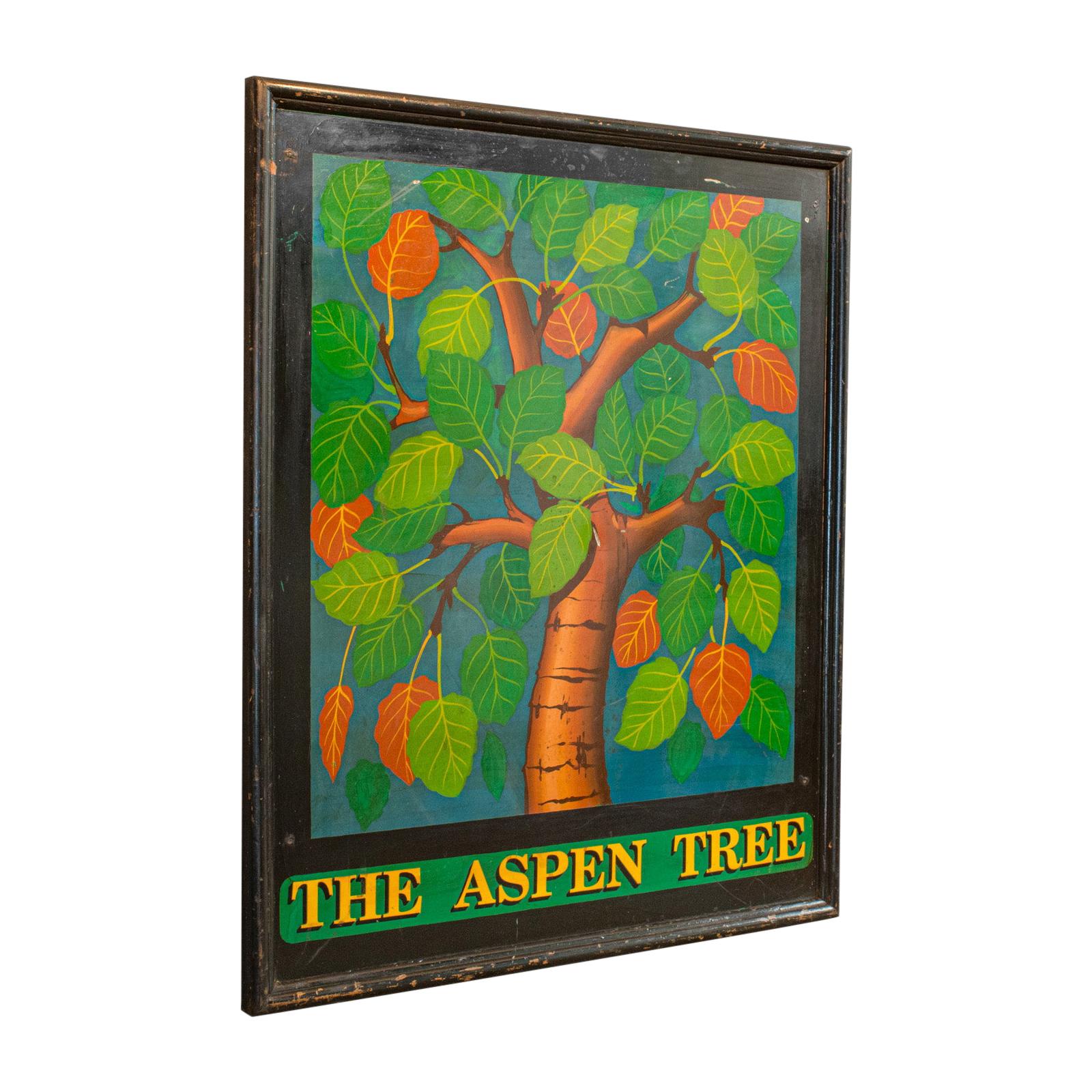 Vintage Pub Sign, English, Pine, Hand Painted, 'The Aspen Tree', circa 1950