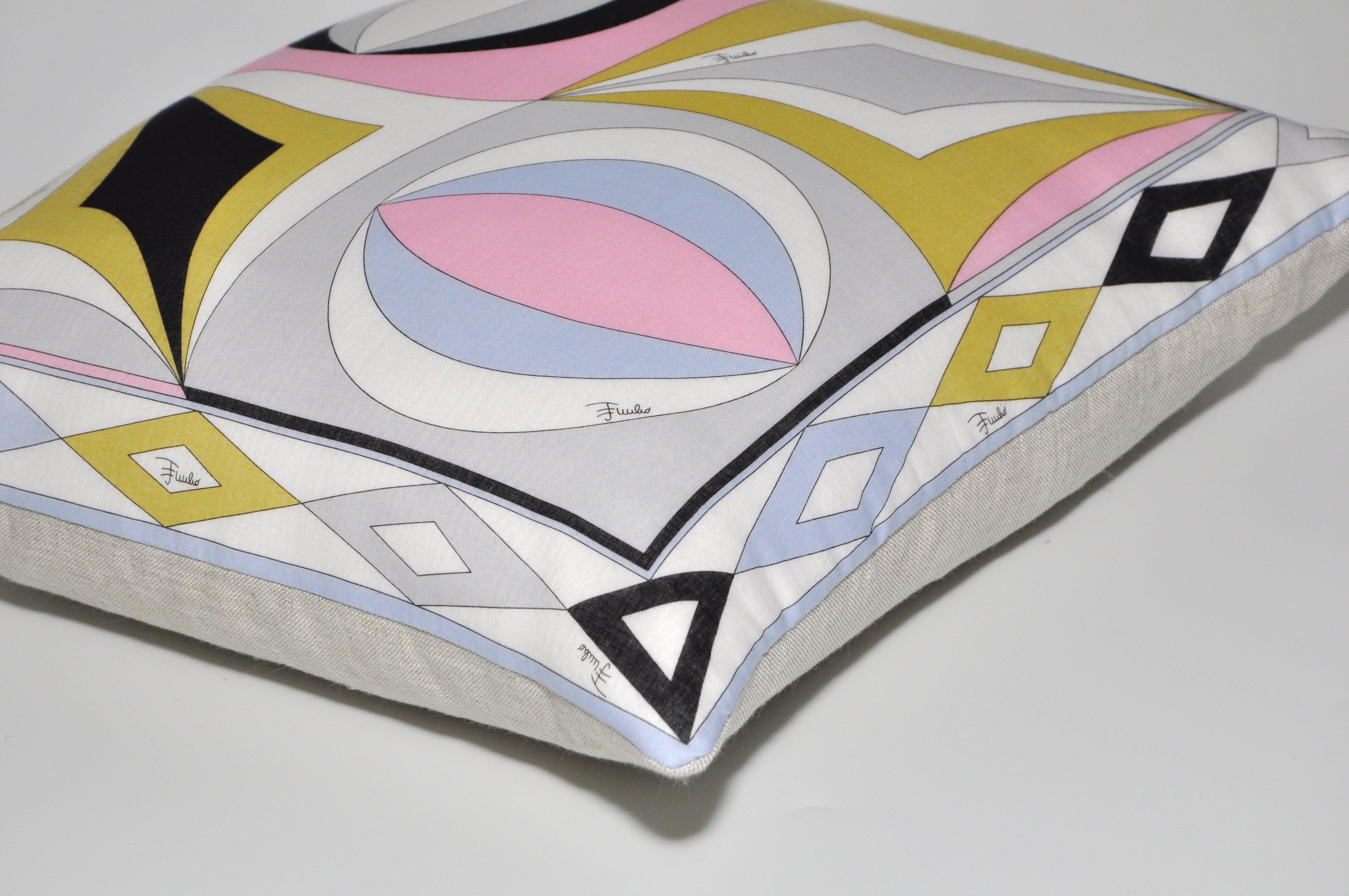 Vintage Rare Pucci Geometric Scarf Irish Linen Cushion Pillow Pink Blue Yellow In Good Condition In Belfast, Northern Ireland