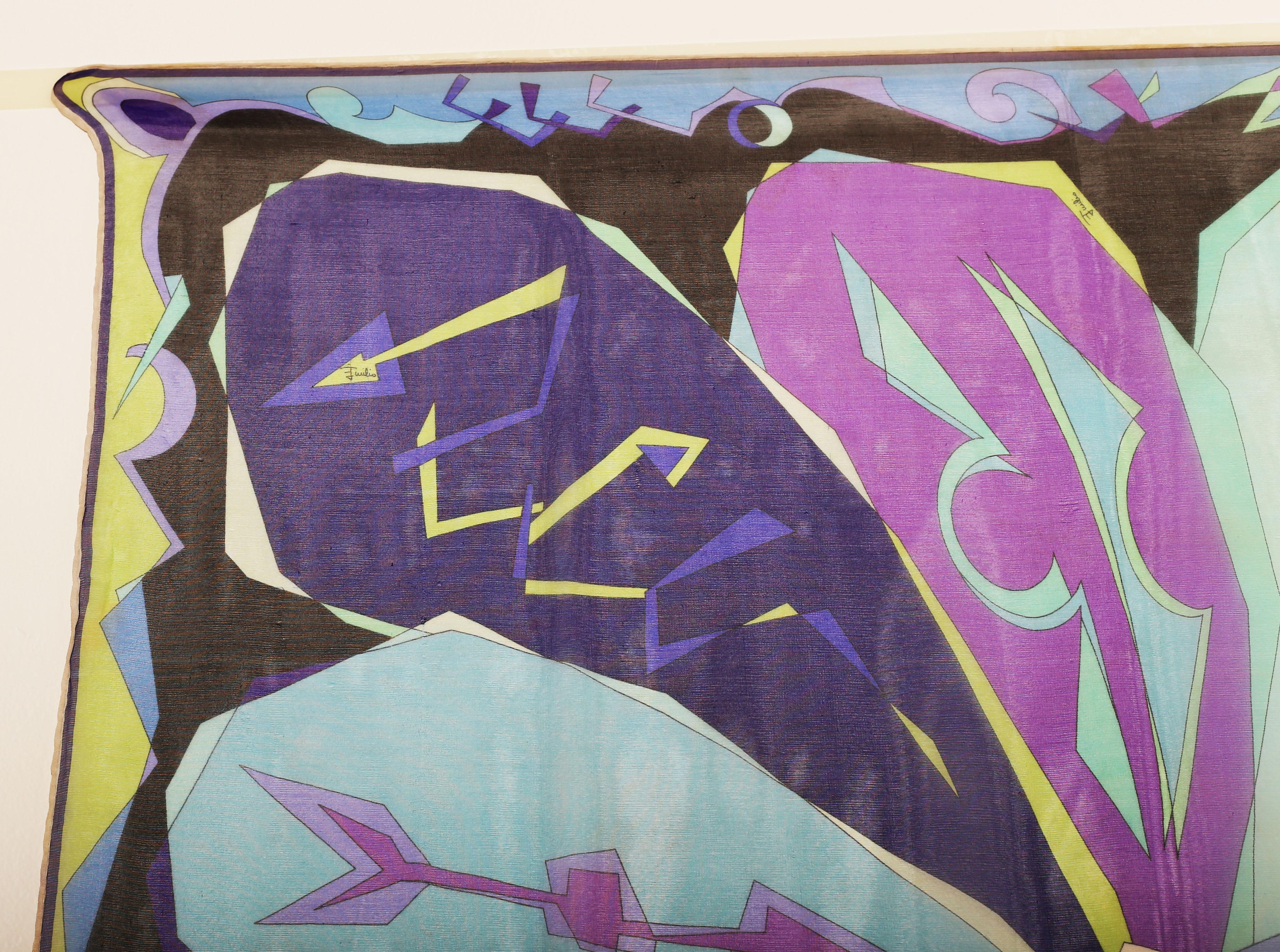 Gray Vintage Pucci Silk chiffon Scarf in hays  blues circa 1970