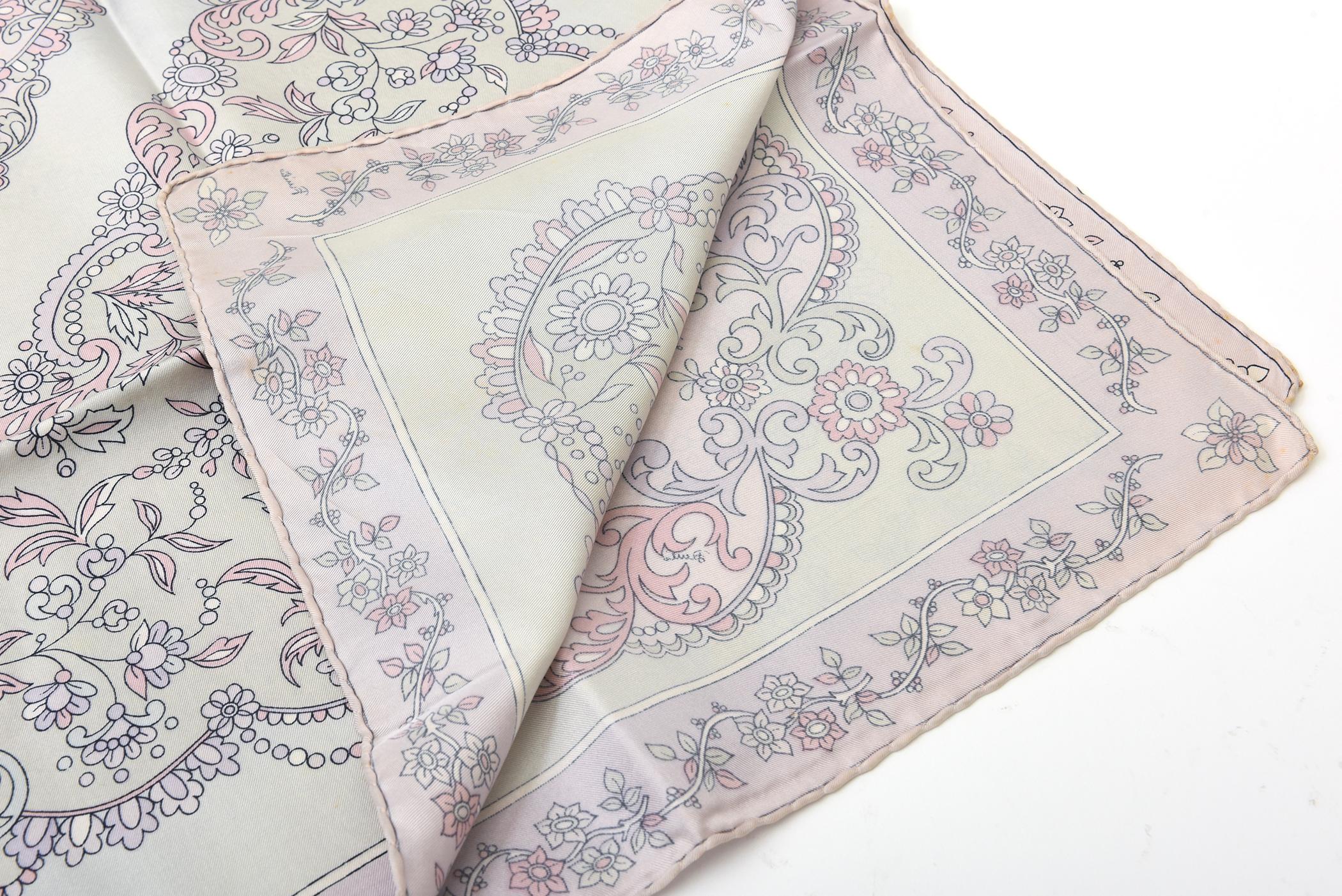 Vintage Pucci Silk Pastel Scarf Light Pink, Light Purple, Black, Gray 70's In Good Condition For Sale In North Miami, FL