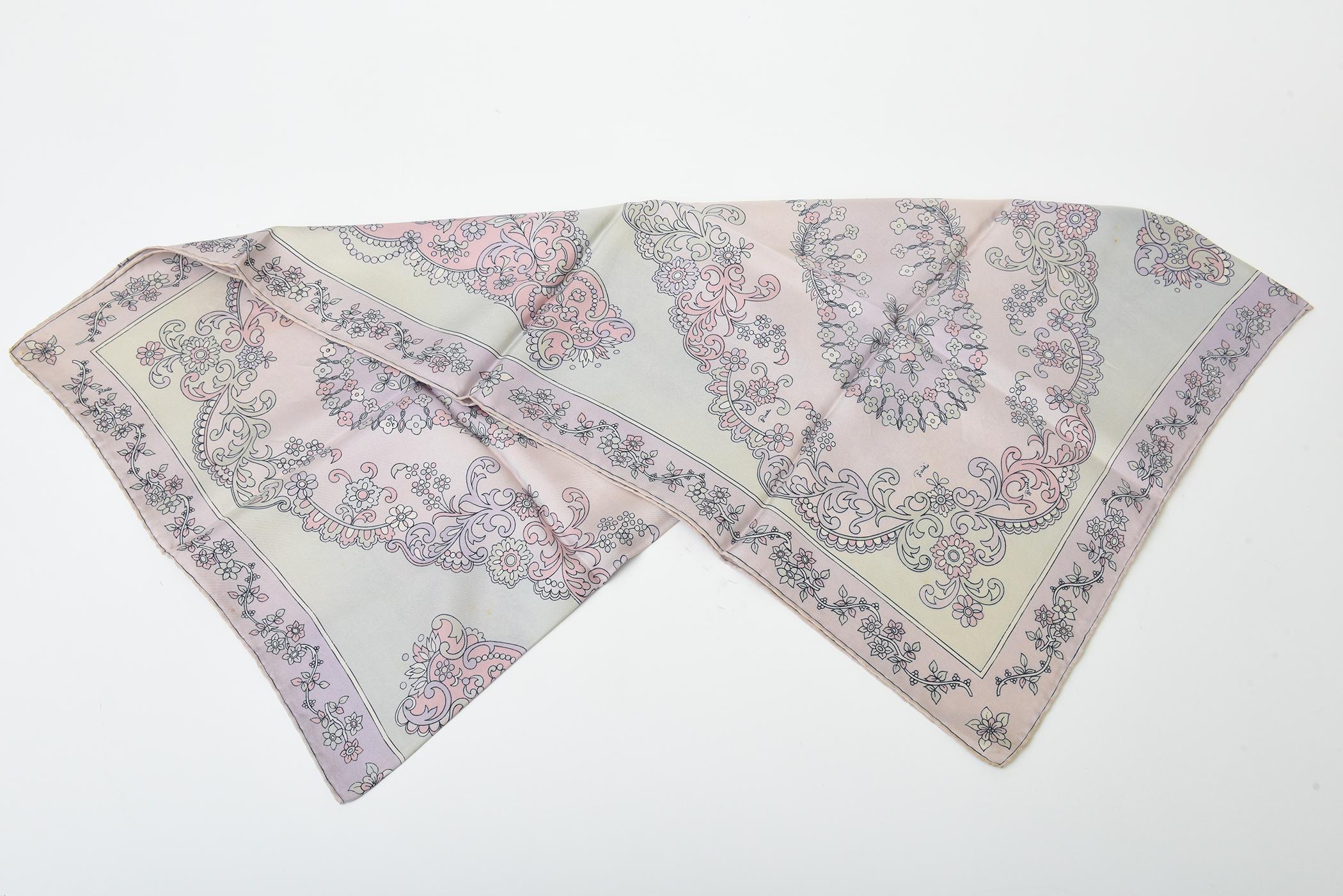 Women's Vintage Pucci Silk Pastel Scarf Light Pink, Light Purple, Black, Gray 70's For Sale