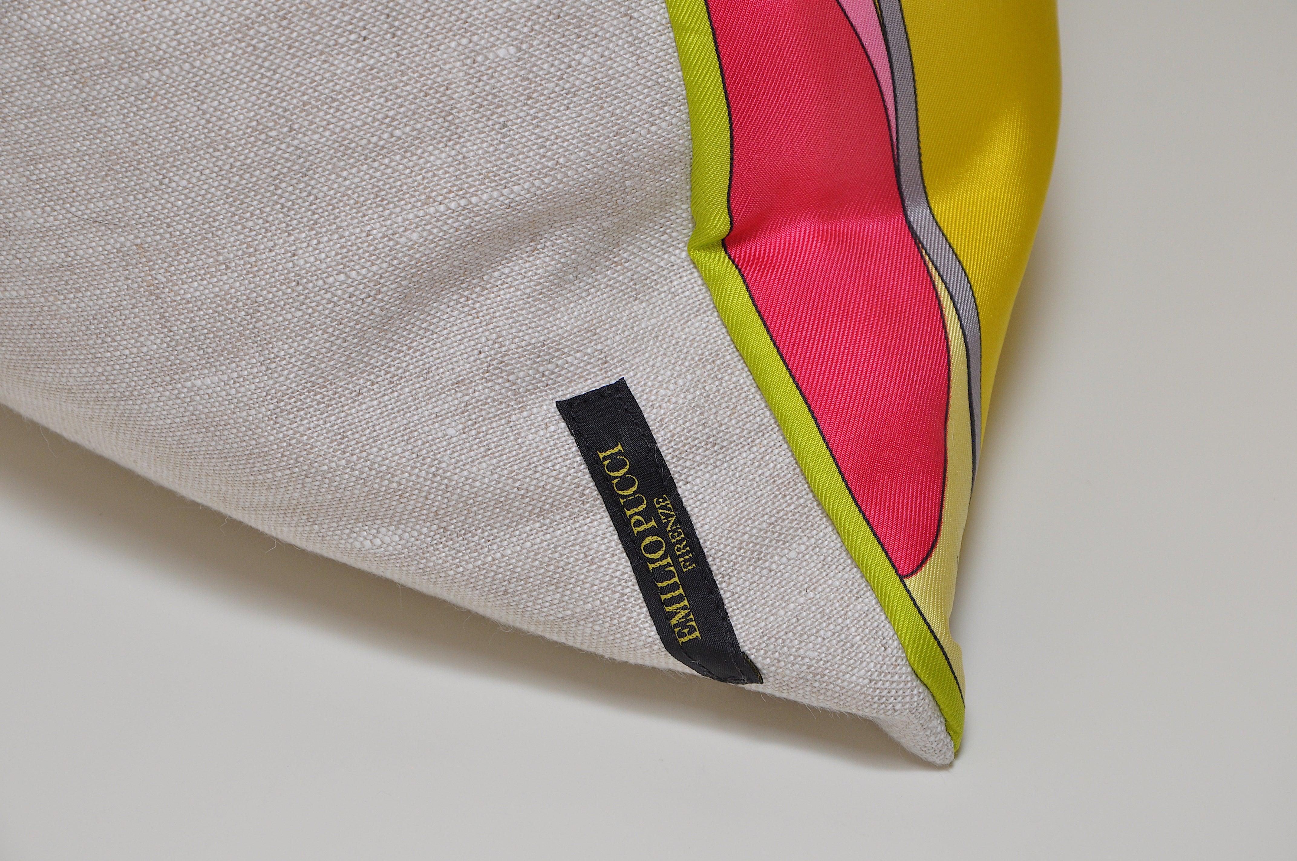 Vintage Pucci Yellow Pink Green Geometric Silk Scarf Irish Linen Pillow Cushion In Good Condition In Belfast, Northern Ireland