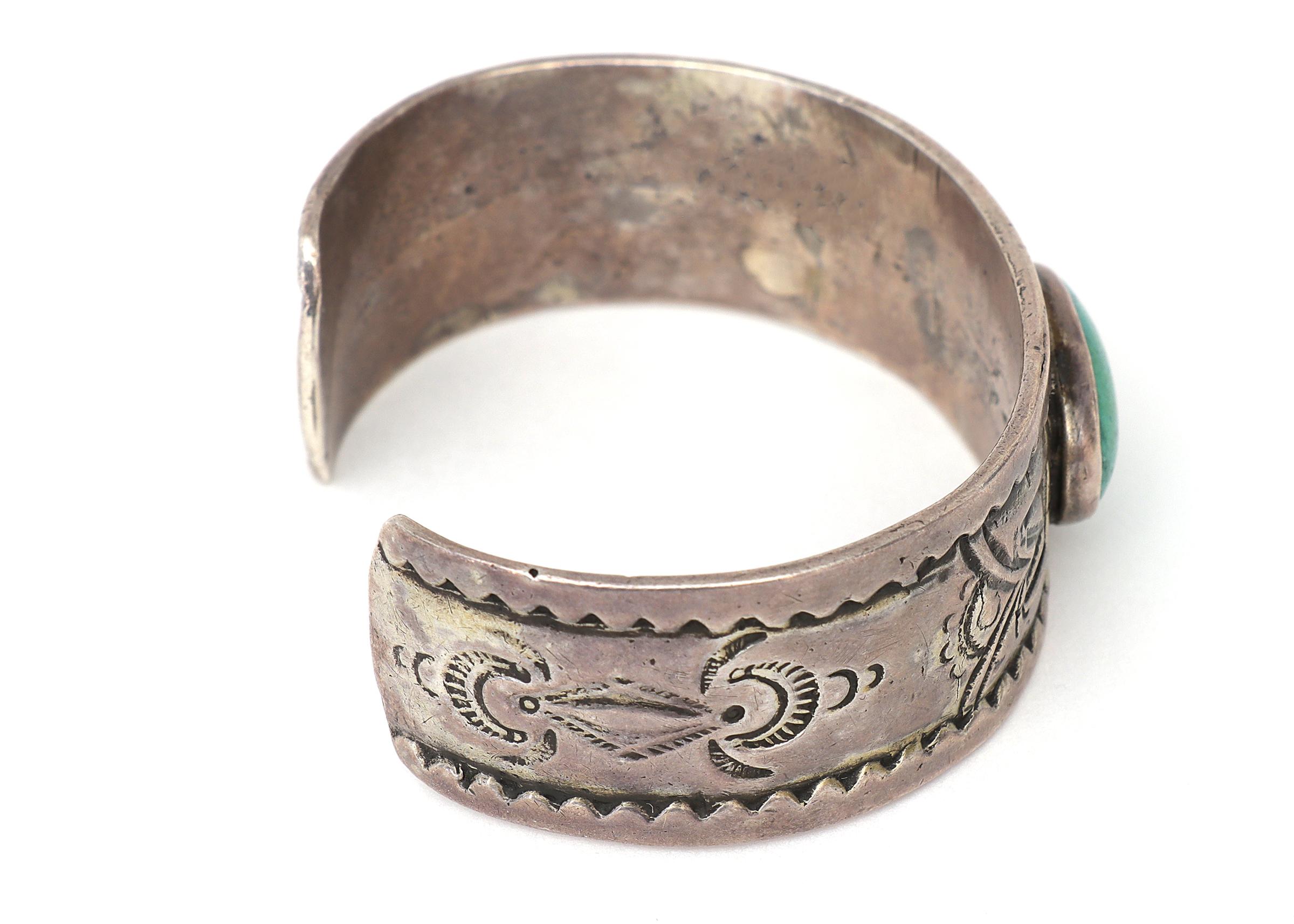 20th Century Vintage Pueblo Native American Old Pawn Ingot Silver Bracelet, Turquoise c. 1915 For Sale