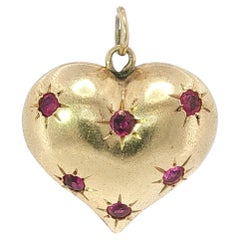 Vintage Puffy Heart Pendant 14K Natural Rubies Yellow Gold