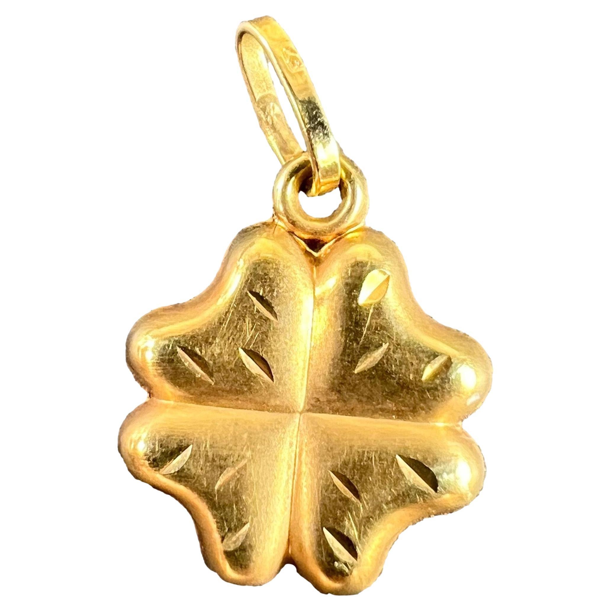 Vintage Shamrock Lucky Four-Leaved Clover Pendentif à breloques en or jaune 18K