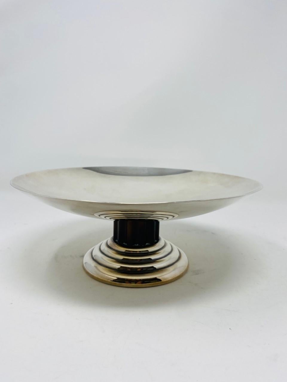Incredibly elegant silver plate coupe bowl/tazza by Puiforcat, France. Jean Puiforcat designed this elegant piece in the 1930s, the Art Deco period. Puiforcat France continues editing this collection until the 1970s. This perfectly rendered display