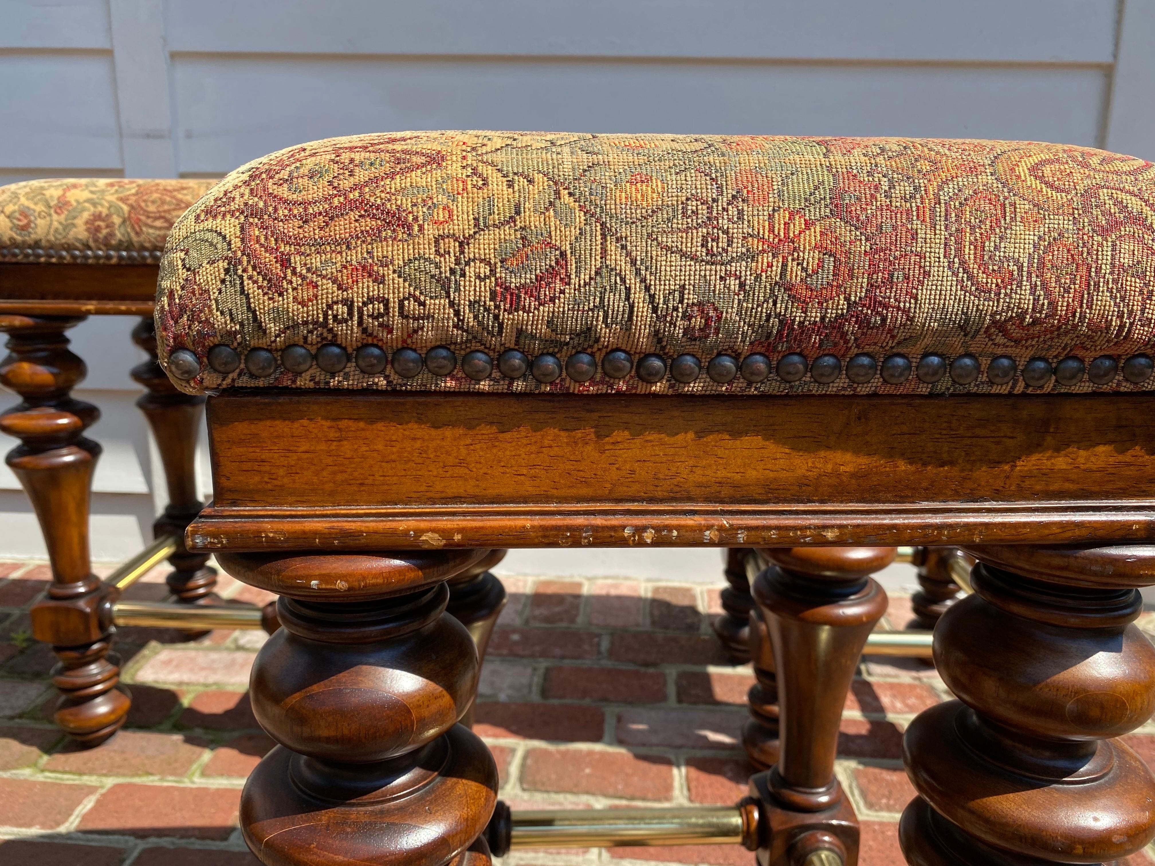 Brass Vintage Pulaski Walnut Upholstered Barstools, Set of 4