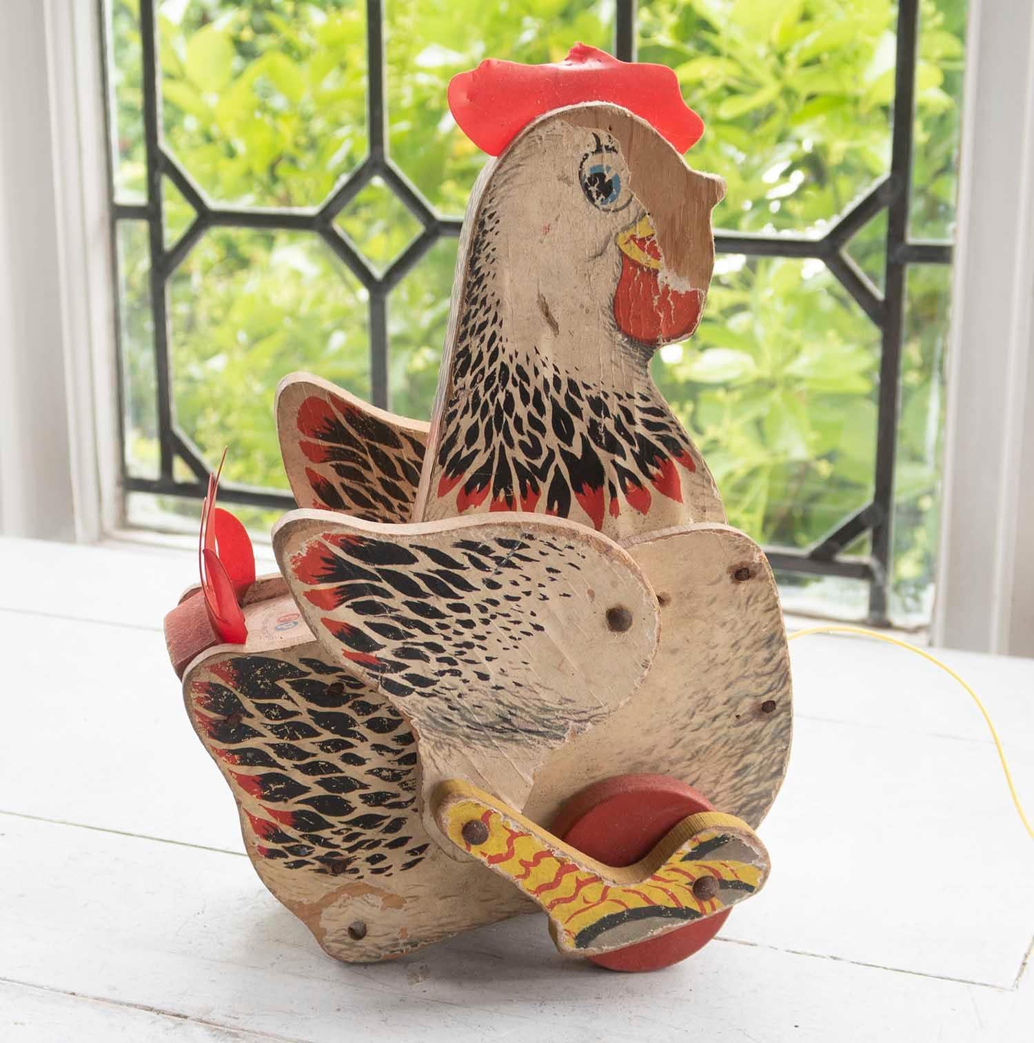 Mid-Century Modern Vintage Pull Along Toy Chicken on Wheels, 1960s