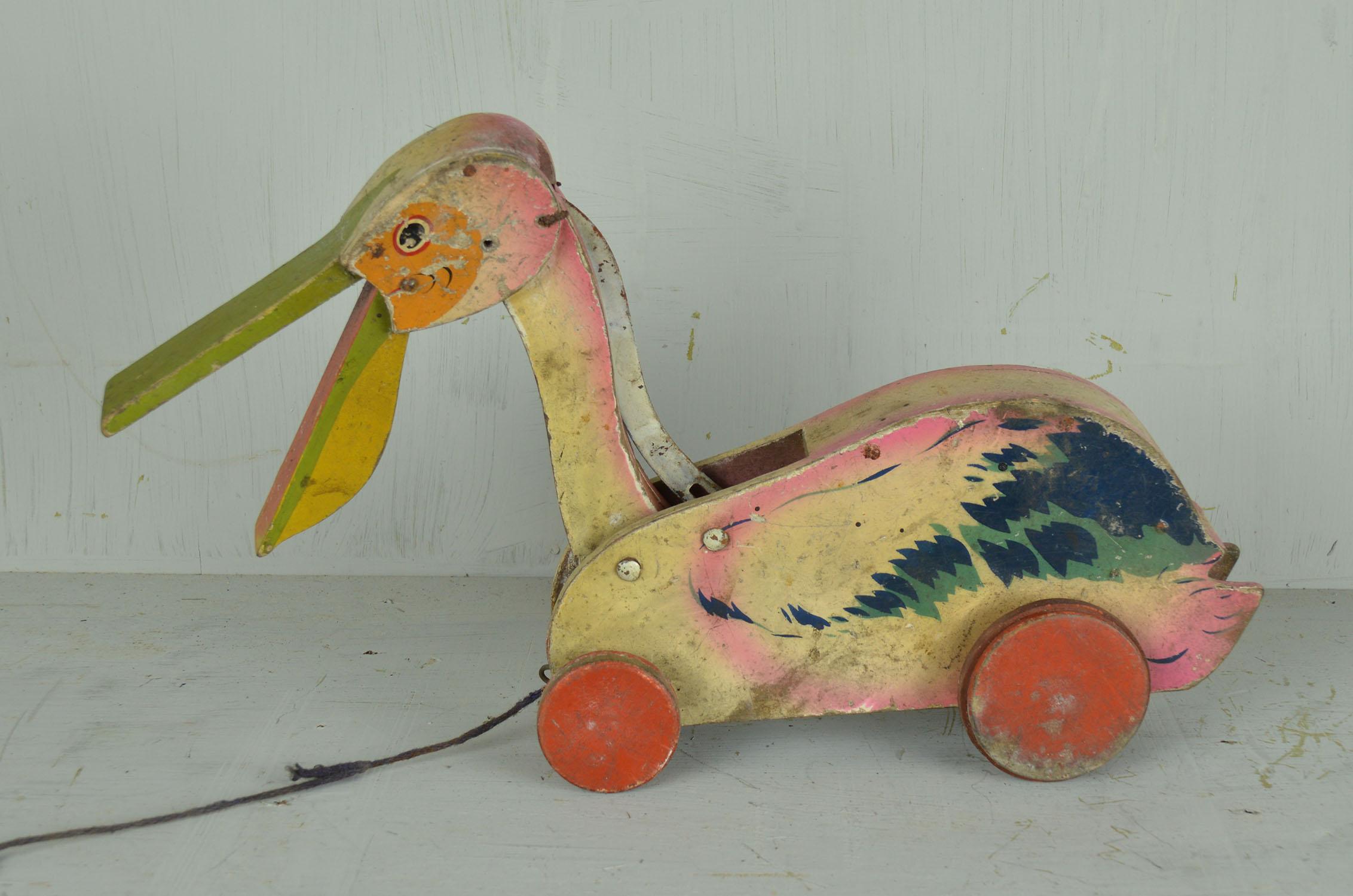 Folk Art Vintage Pull Along Toy Pelican on Wheels, 1930s