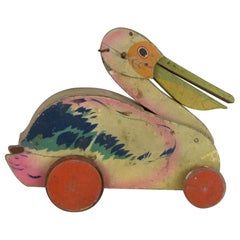 Vintage Pull Along Toy Pelican on Wheels, 1930s