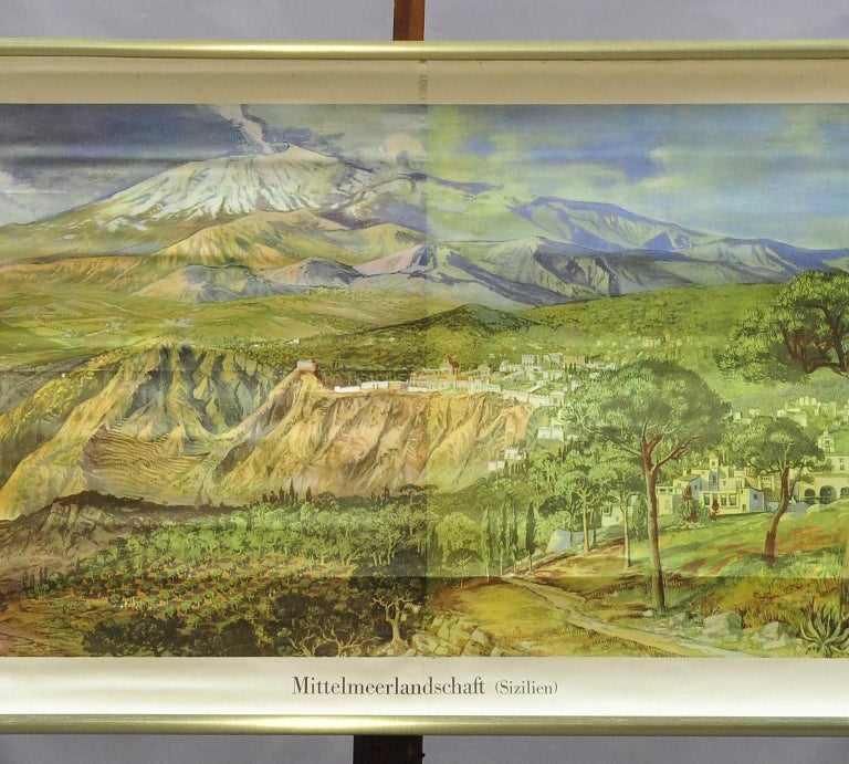 Vintage PullDown Cozyness Wall Chart Mediterranean Landscape Island Sicily For Sale at 1stDibs