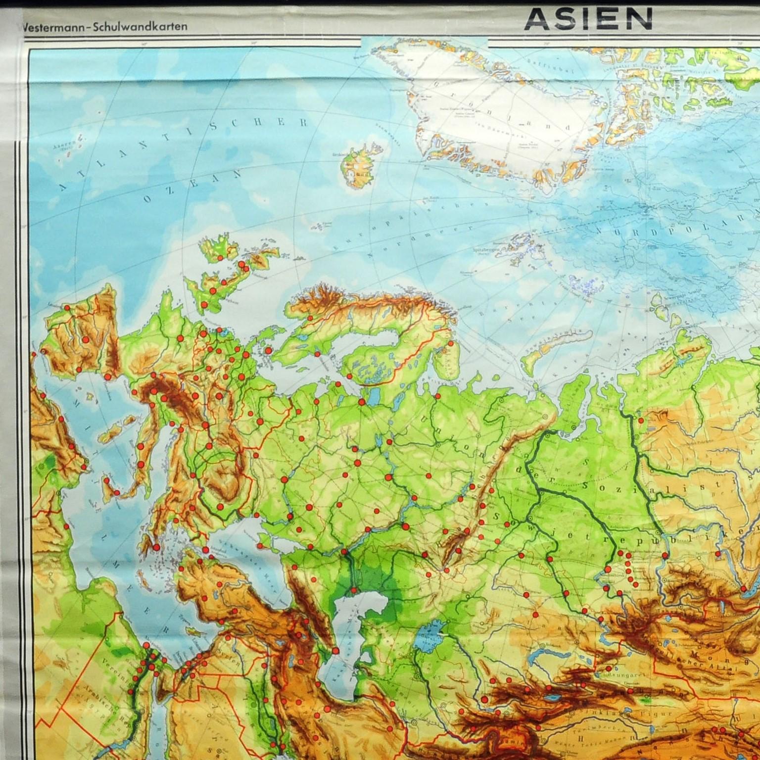 The impressive rollable wall map shows the continent of Asia (among others China, Japan, India and Russia), published by Westermann. Colorful print on paper reinforced with canvas.
Measurements:
Width 205 cm (80.71 inch)
Height 217 cm (85.43