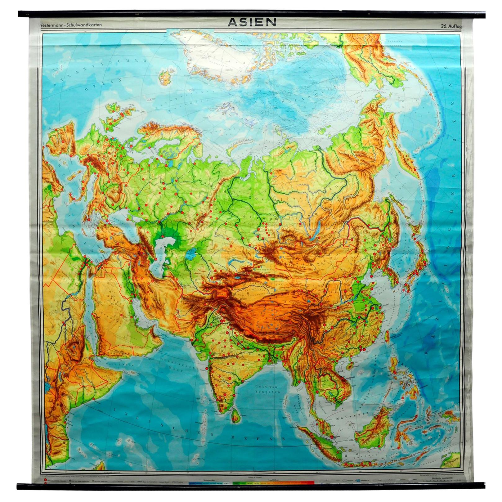 Vintage Mural Pull-Down Map Asia China Japan India Russia Wall Chart Poster