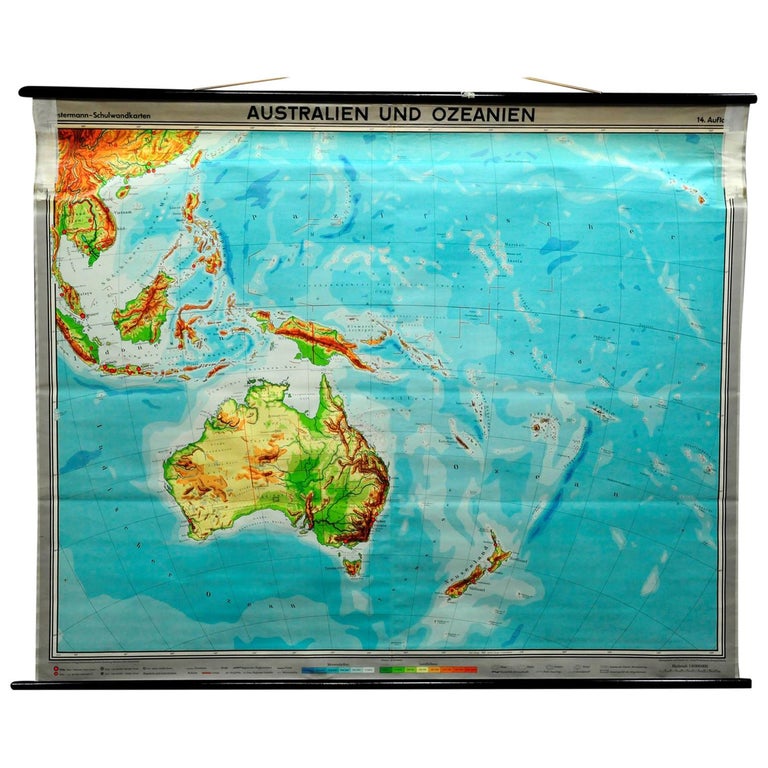 Vintage Pull Down Map Australia Oceania New Zealand Wall Chart Poster Print For Sale at 1stDibs