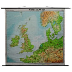 Retro Pull Down Map North Sea Countries Northen Europe Great Britain Norway