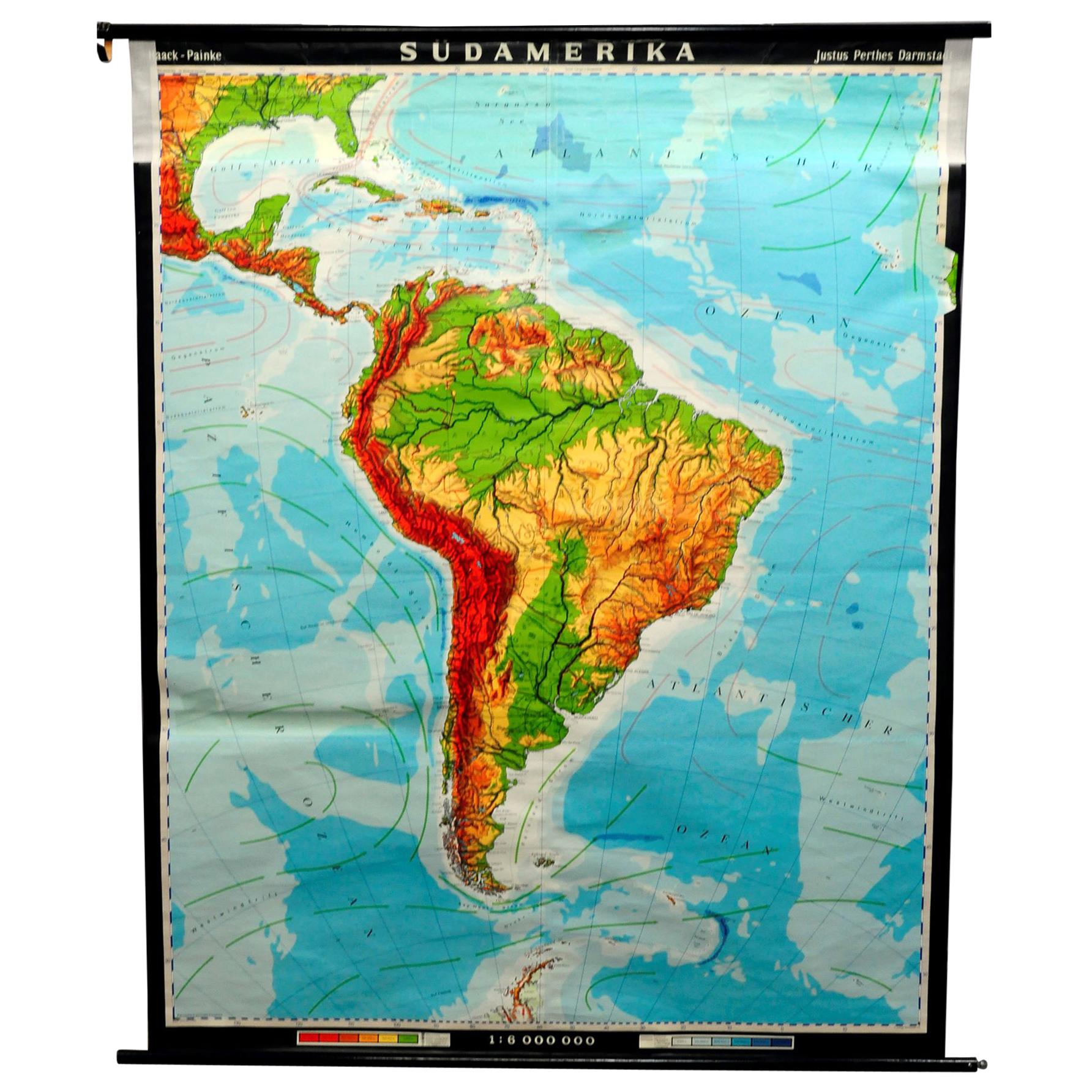 Vintage Mural Pull Down Map South America American Continent Wall Chart 
