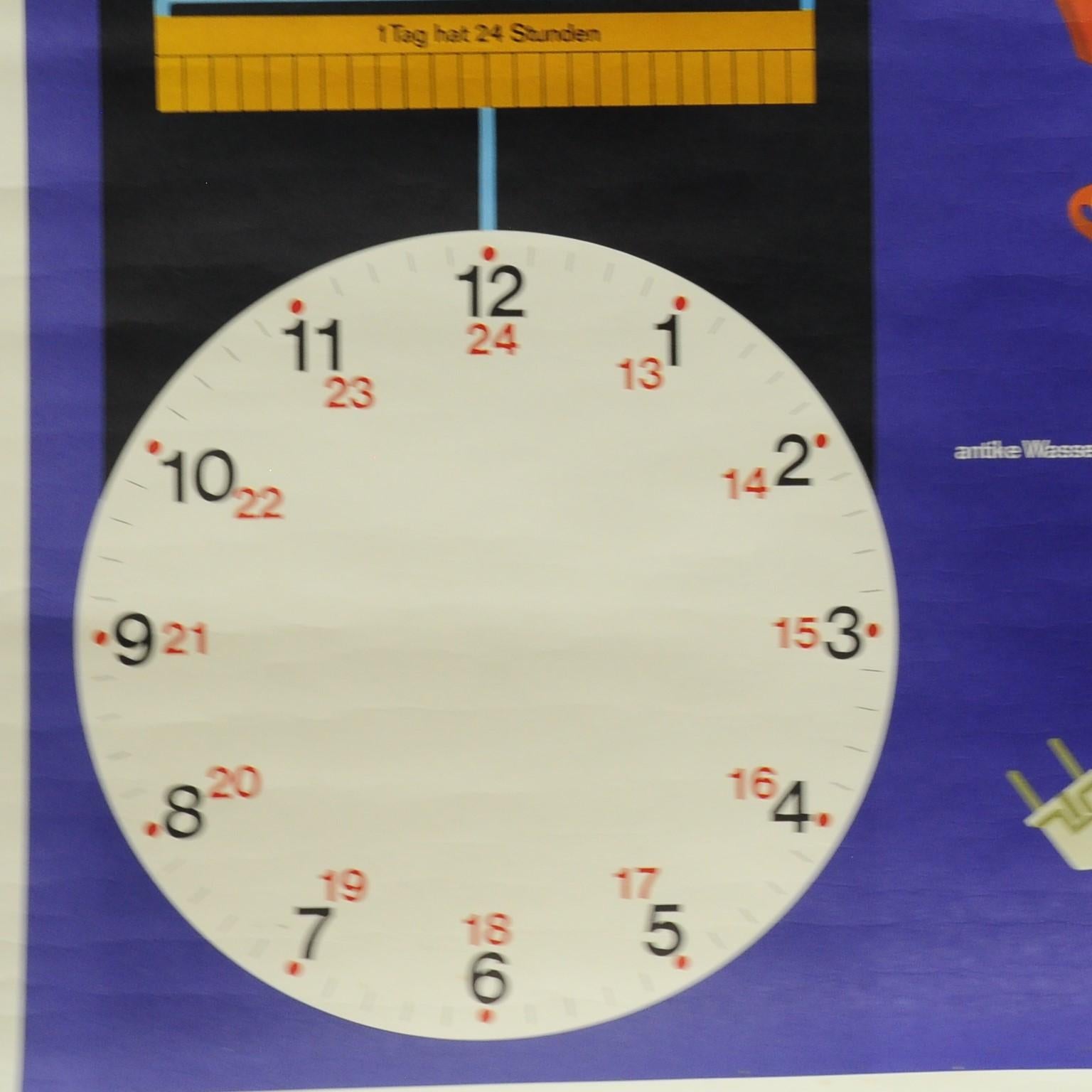 The wall chart shows how the time measurement works. The wall chart was published by Kosmos- Wandbild. Colorful print on paper reinforced with canvas.
Measurements:
Width 92cm (36.22 inch)
Height 59.50 cm (23.43 inch)

The measurements shown