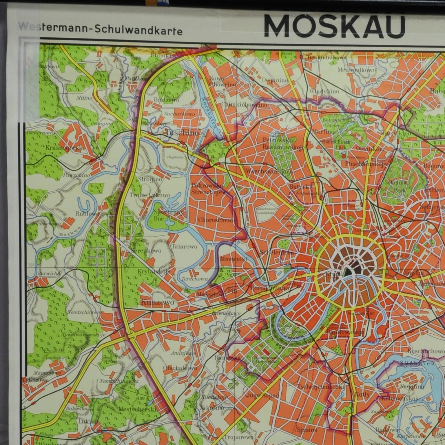 A classical rollabe vintage wall chart showing an aerial view of the city of Moscow, Russia. It was published by Westermann. Used as teaching material in German schools. Colorful print on paper reinforced with canvas.
Measurements:
Width 109 cm