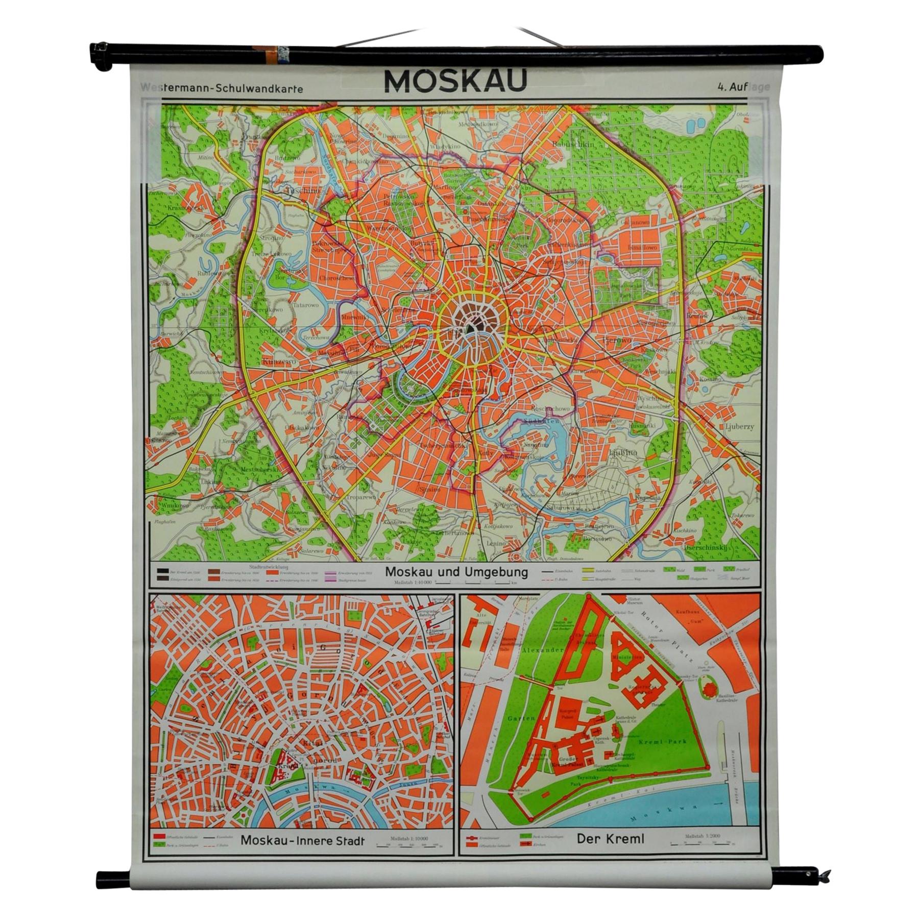 Vintage Mural Pull Down Wall Chart City Map of Moscow Russia Poster  For Sale