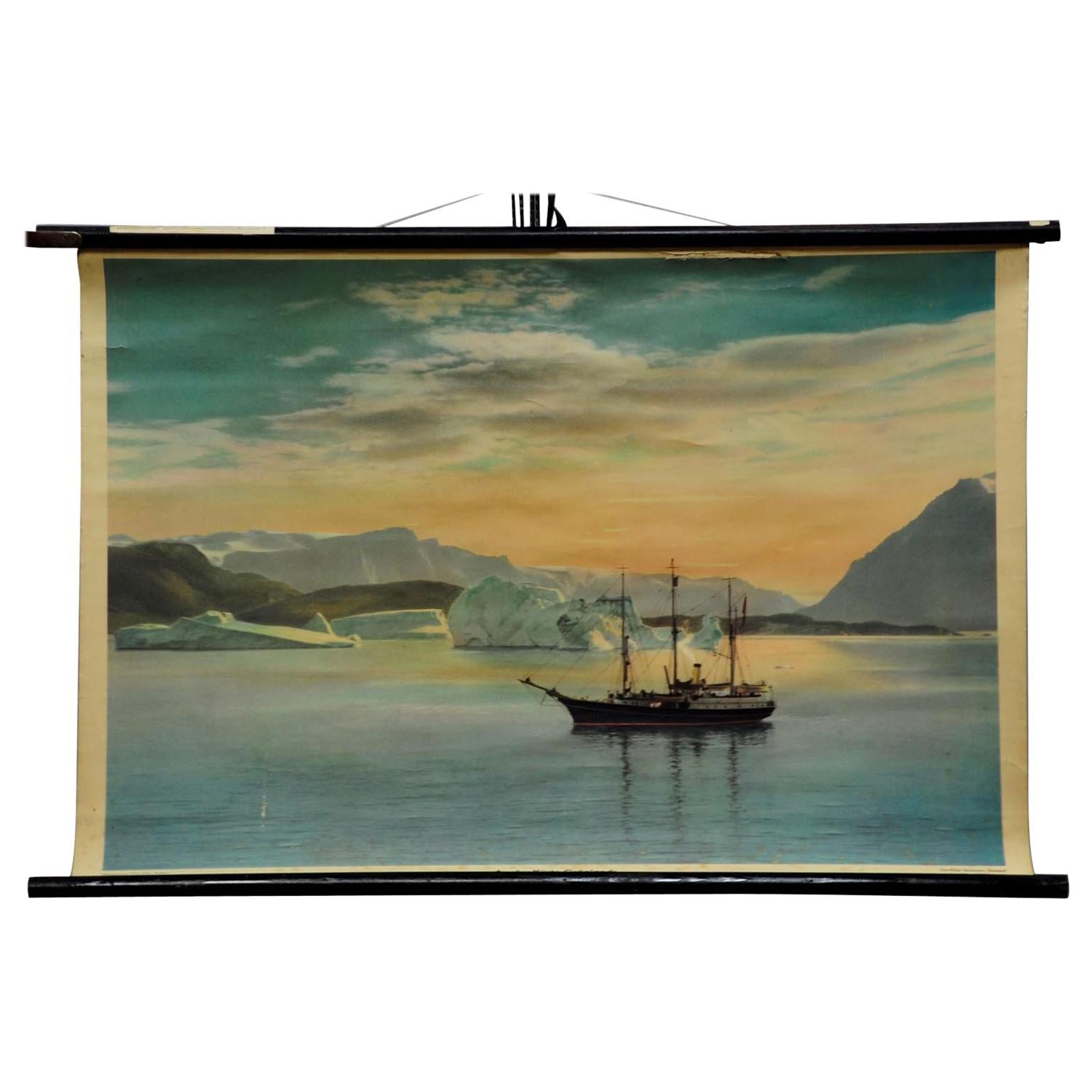 Vintage Mural Pull Down Wall Chart Landscape Sailing Ship the Coast of Greenland