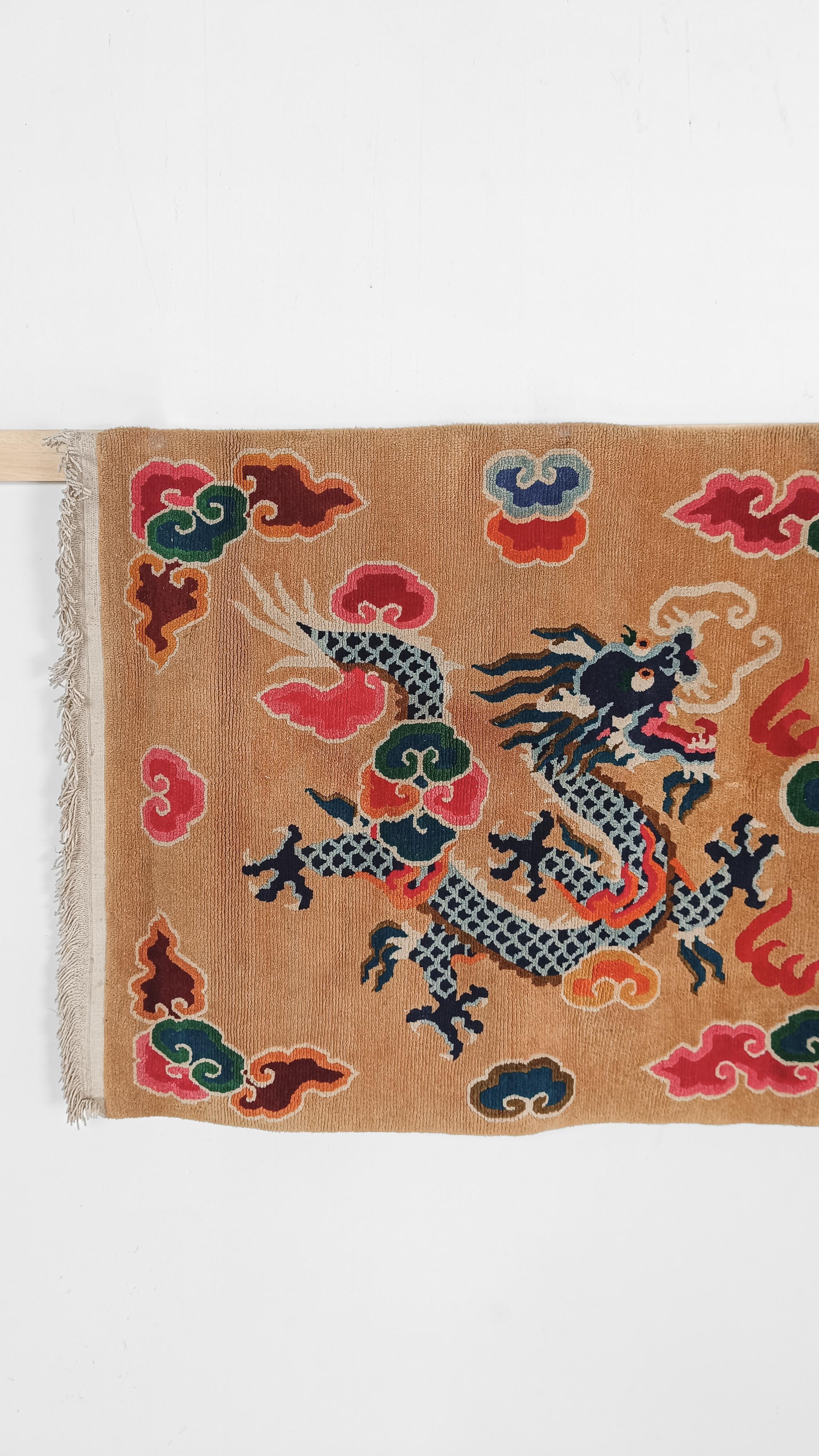Vintage Pure Wool Runner Rug With Blue China Dragons For Sale 8