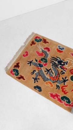 Vintage Pure Wool Runner Rug With Blue China Dragons