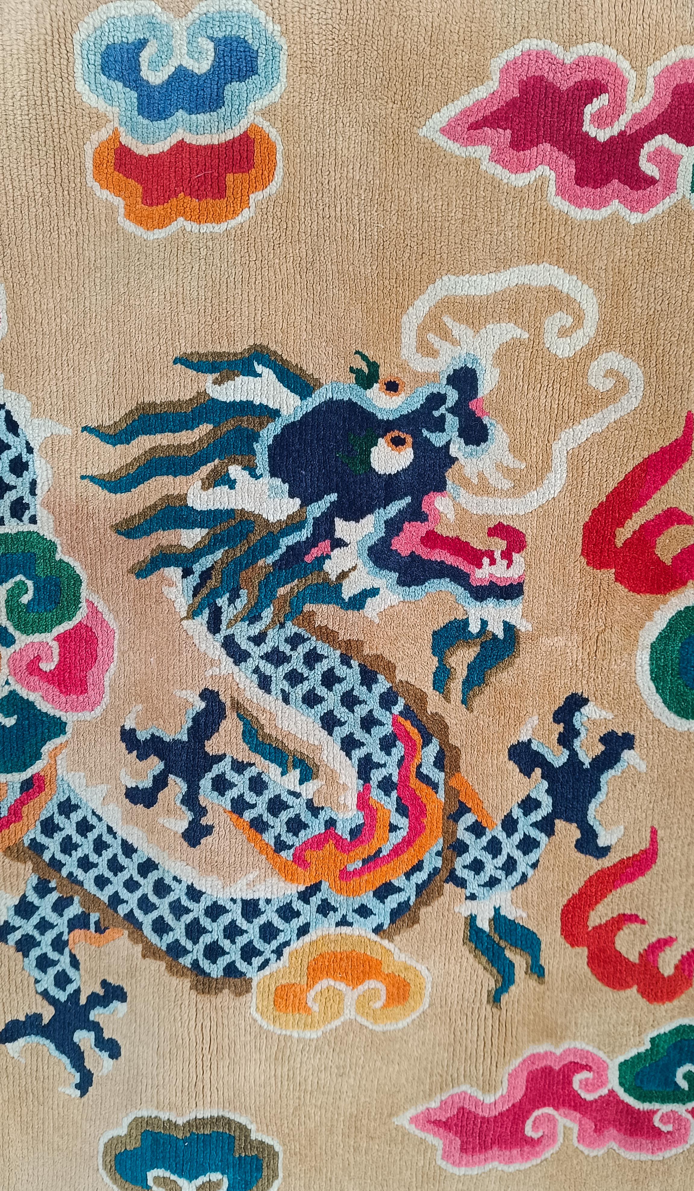20th Century Vintage Pure Wool Runner Rug With Blue China Dragons For Sale