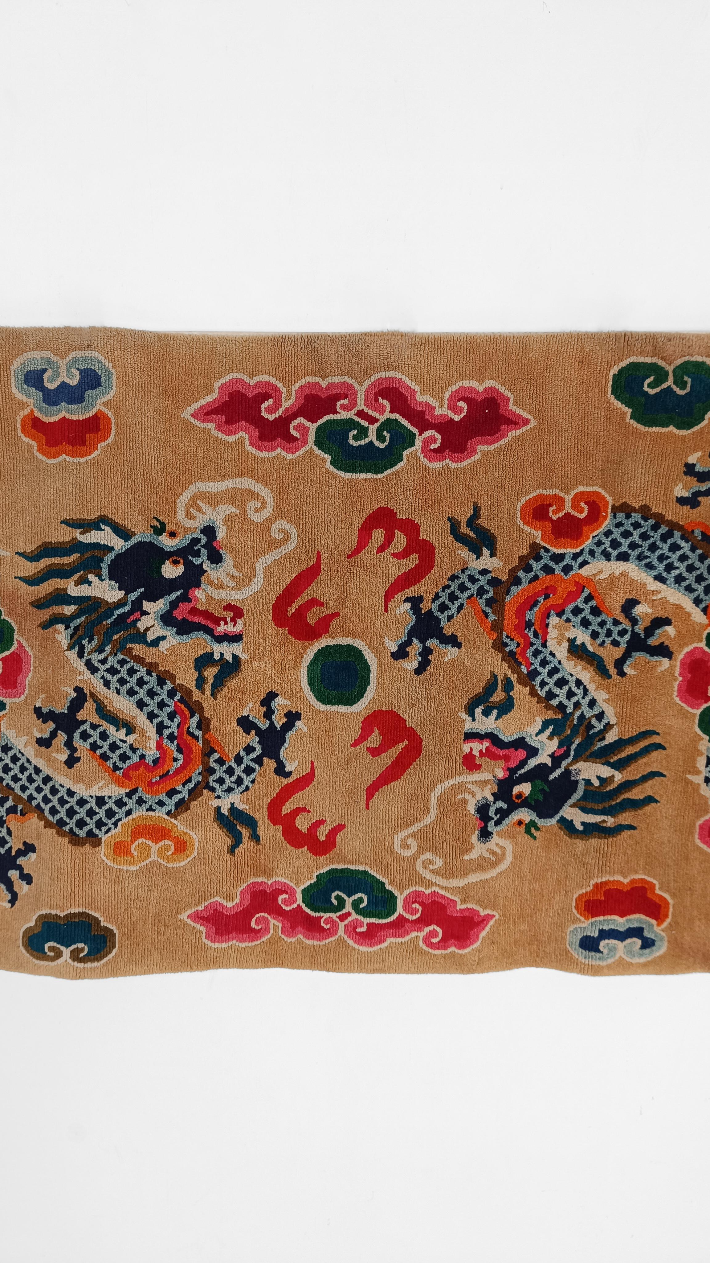 Vintage Pure Wool Runner Rug With Blue China Dragons For Sale 3