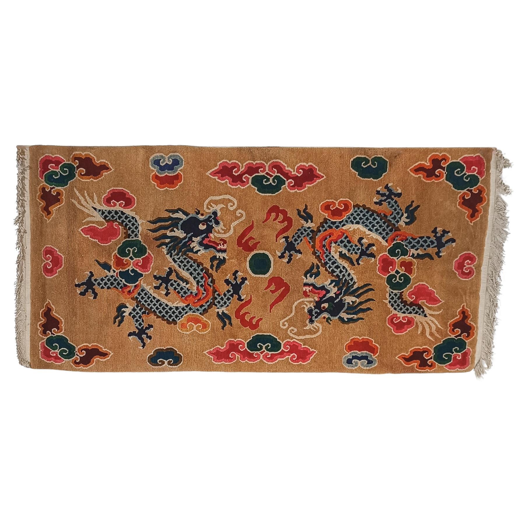 Vintage Pure Wool Runner Rug With Blue China Dragons For Sale