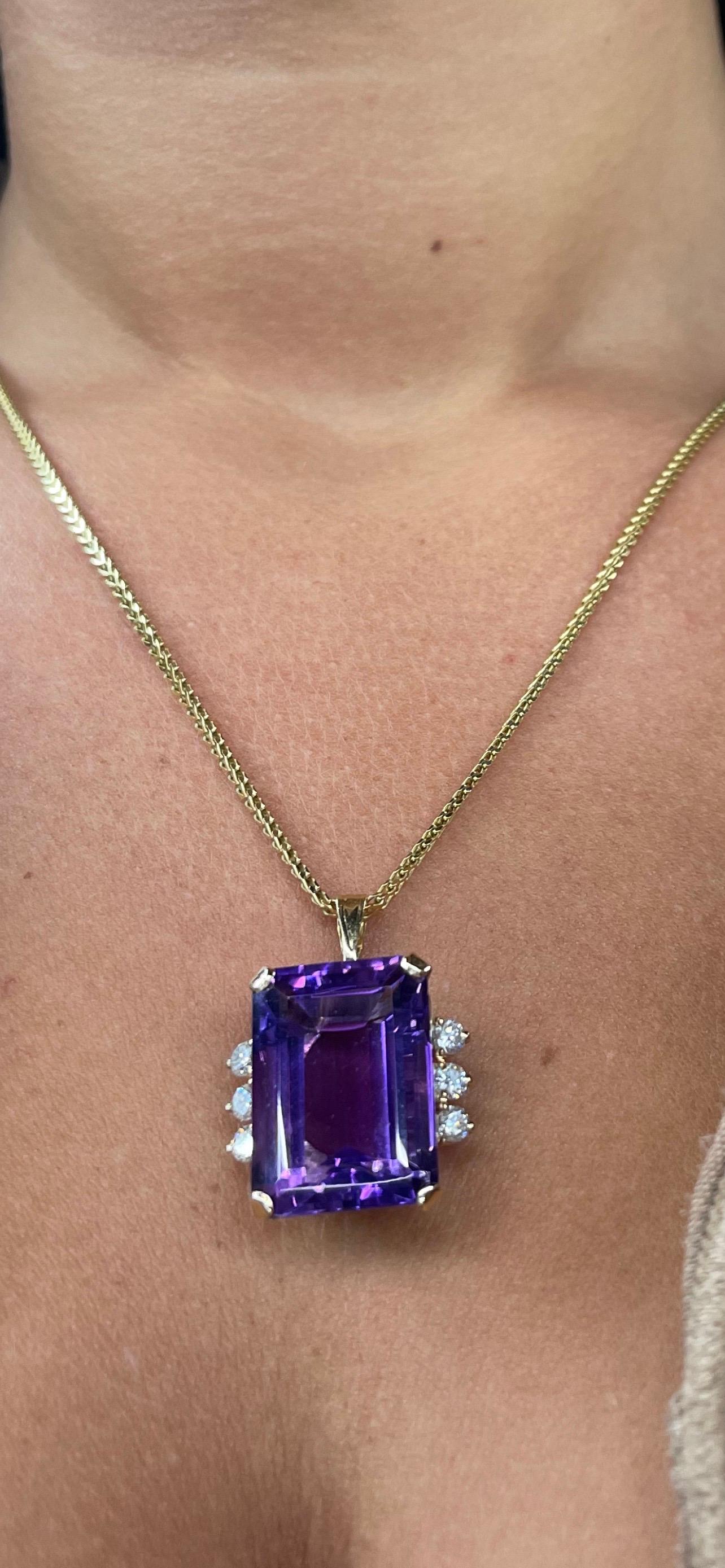 Emerald Cut Vintage Purple Amethyst Diamond Necklace 14 Karat Gold Italian For Sale