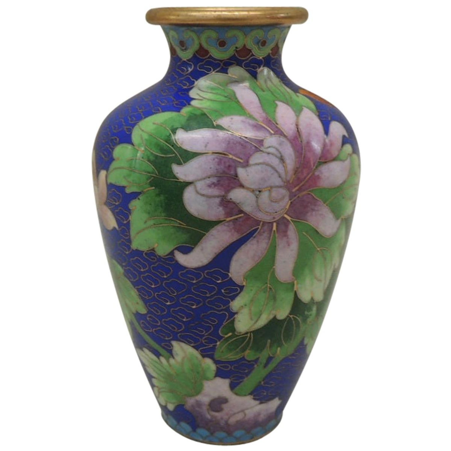 Vintage Purple and Blue Cloisonne Floral Vase For Sale at 1stDibs