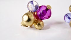 Vintage Purple Beaded Cluster 14k Gold Plated Clip-On Earrings