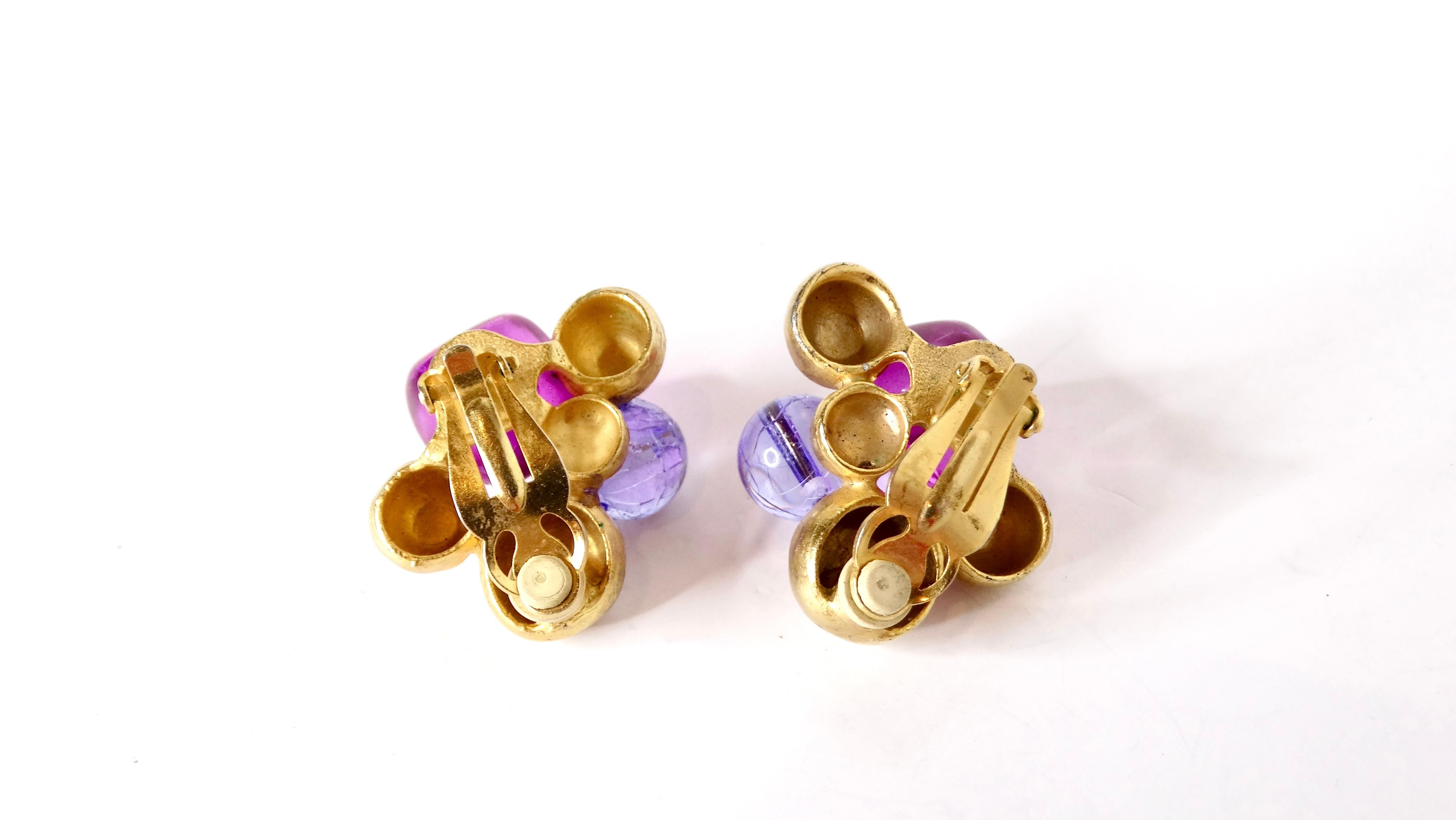 Vintage Purple Beaded Cluster 14k Gold Plated Clip-On Earrings In Fair Condition For Sale In Scottsdale, AZ