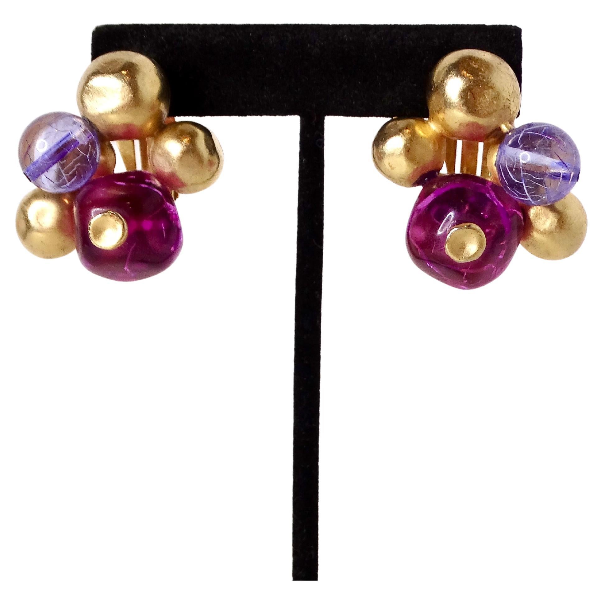 Vintage Purple Beaded Cluster 14k Gold Plated Clip-On Earrings For Sale 1