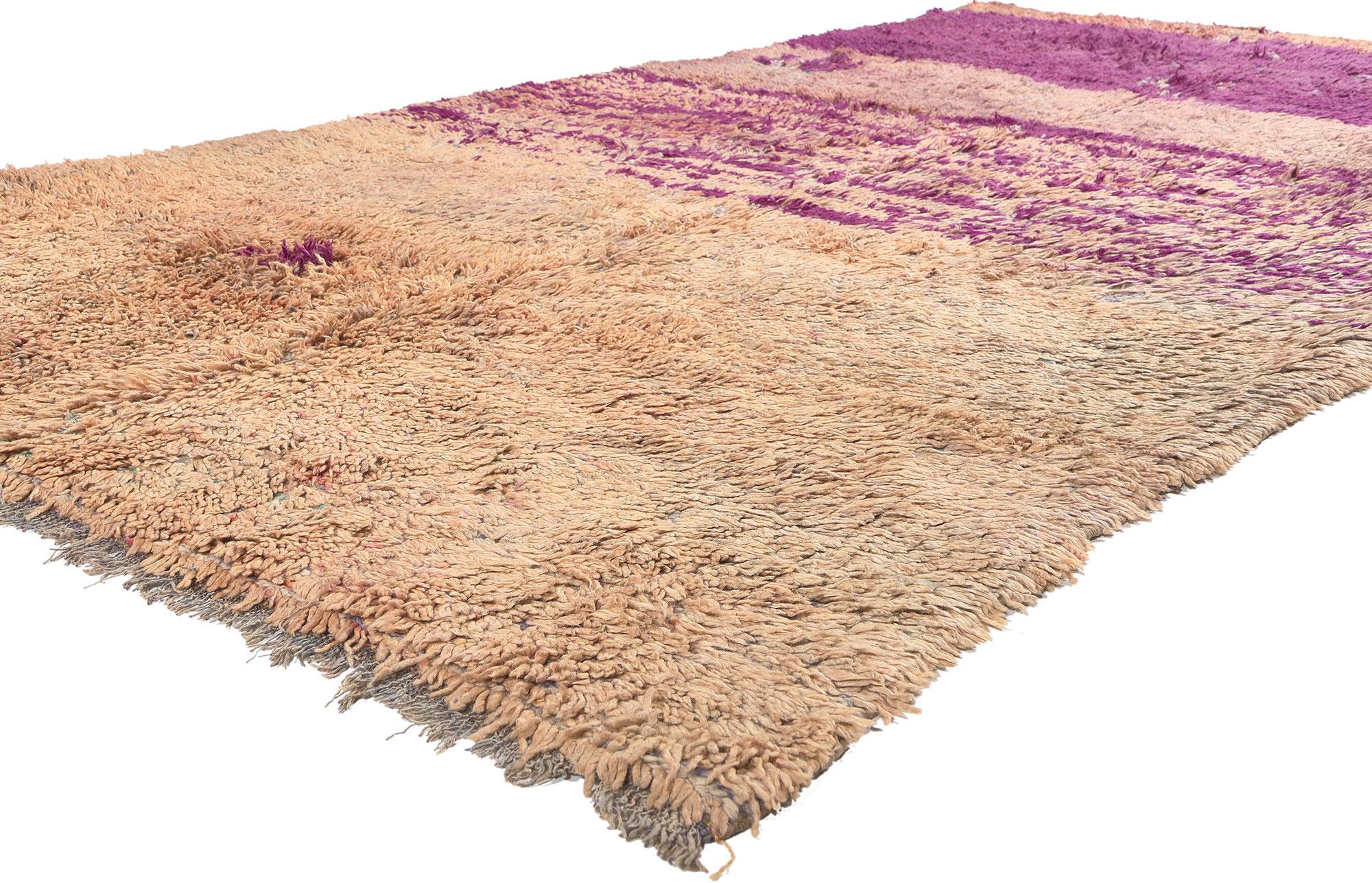 20519 Vintage Beni MGuild Moroccan Rug, 05’10 x 10’02.
Step into the embrace of woven beauty with this hand-knotted wool vintage Beni MGuild Moroccan rug—a captivating vision that seamlessly marries simplicity, plush pile, and Bohemian vibes. Bathed