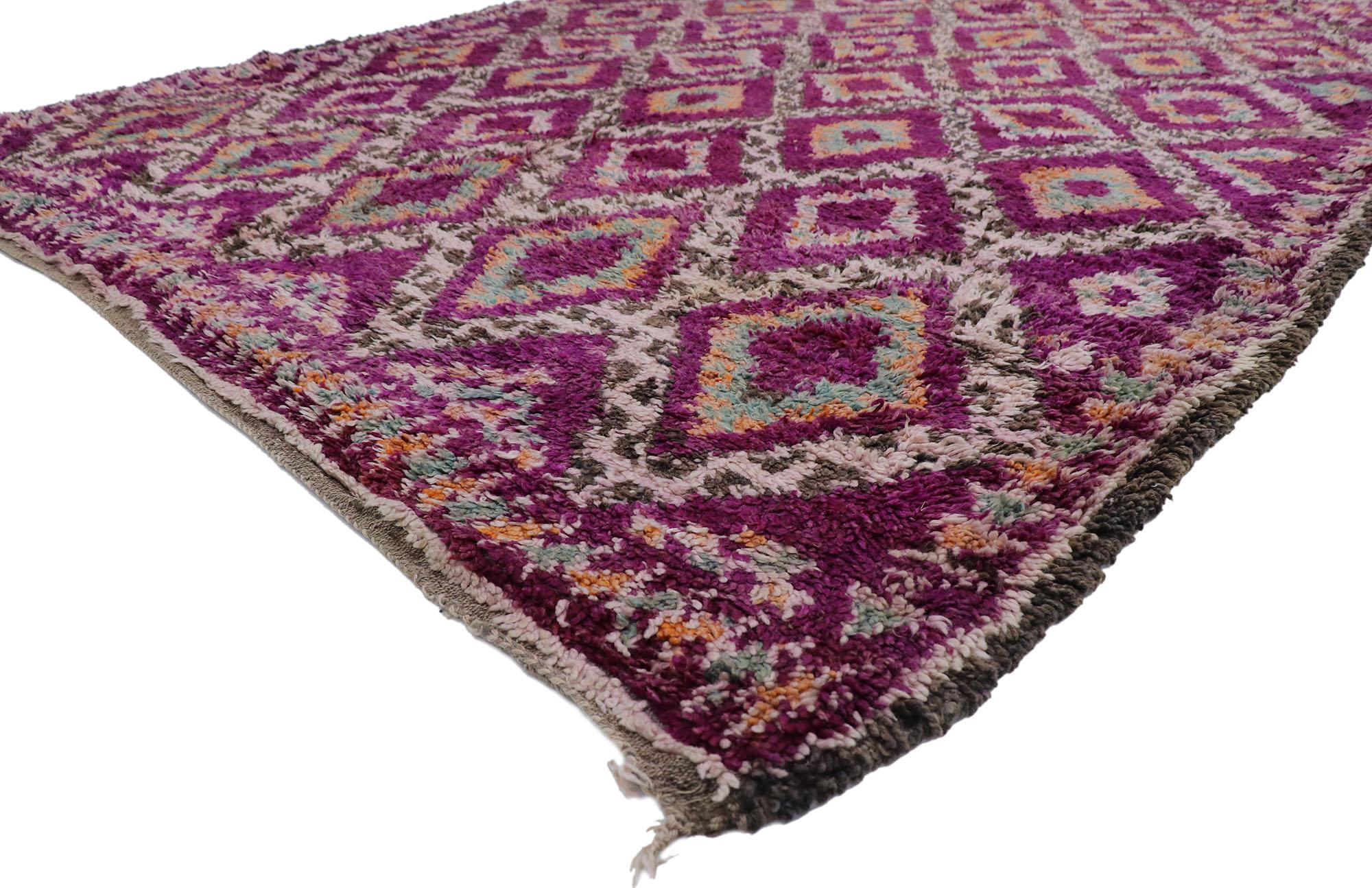 21221 Vintage Purple Beni M'Guild Moroccan rug with Bohemian Style 07'08 x 11'04. Showcasing a bold expressive design, incredible detail and texture, this hand knotted wool vintage Berber Beni M'Guild Moroccan rug is a captivating vision of woven