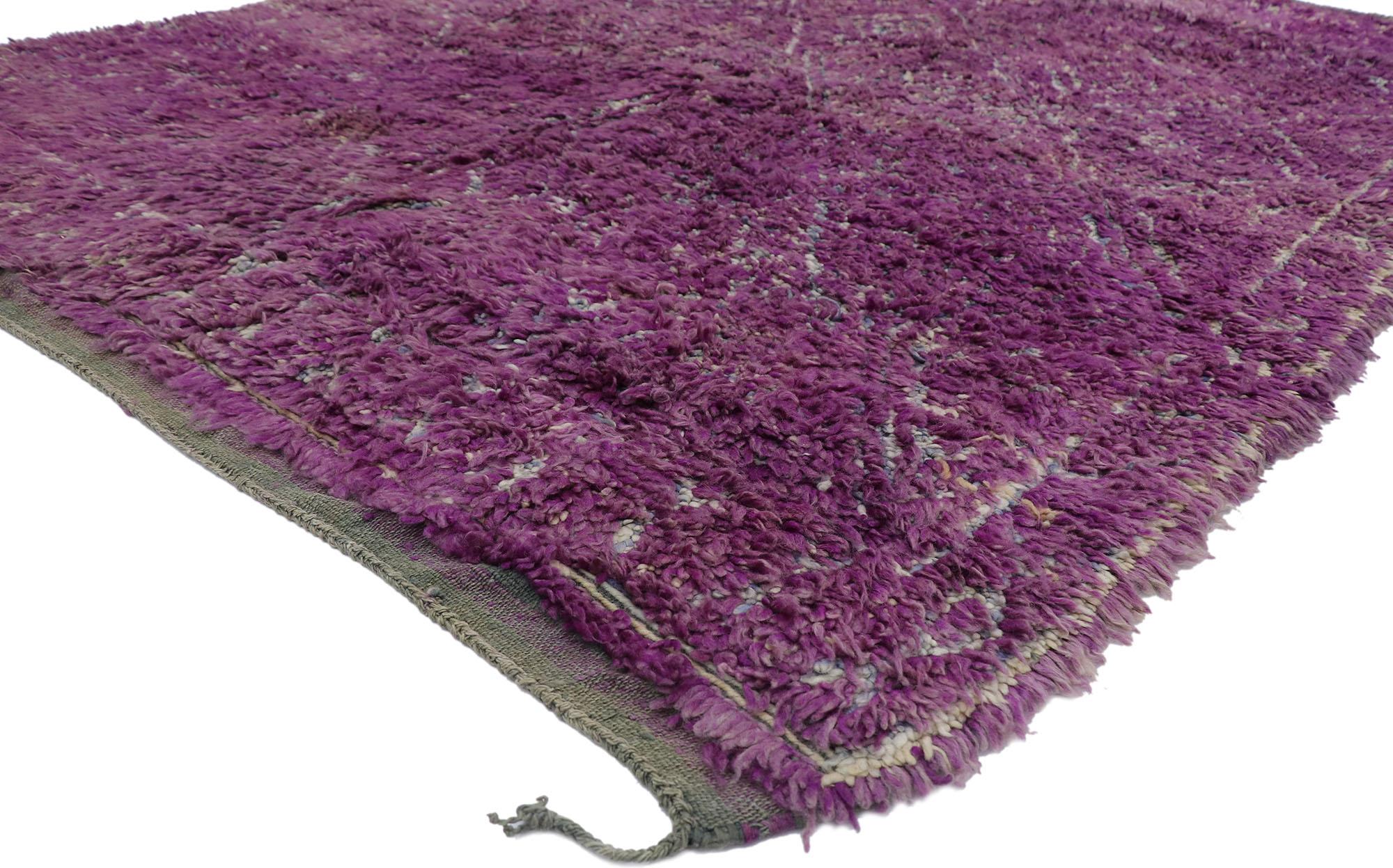 21453 vintage Purple Beni M'Guild Moroccan rug with Bohemian style 06'08 x 08'08. Showcasing a bold expressive design, incredible detail and texture, this hand knotted wool vintage Berber Beni M'Guild Moroccan rug is a captivating vision of woven