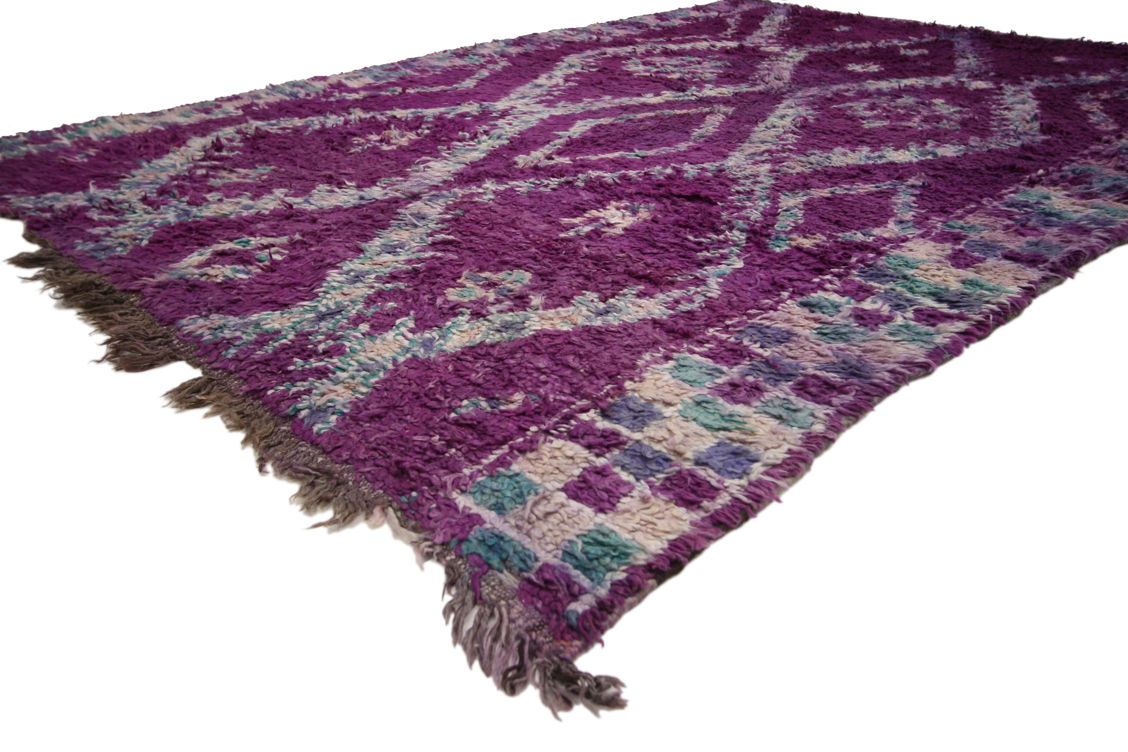 20685 vintage purple Beni M'Guild Moroccan rug with tribal style, Berber Moroccan rug. Impressive design and charismatic colors provide a beautiful backdrop for this purple Beni Mguild Moroccan rug. Rich in Ancient Berber symbolism, this vintage