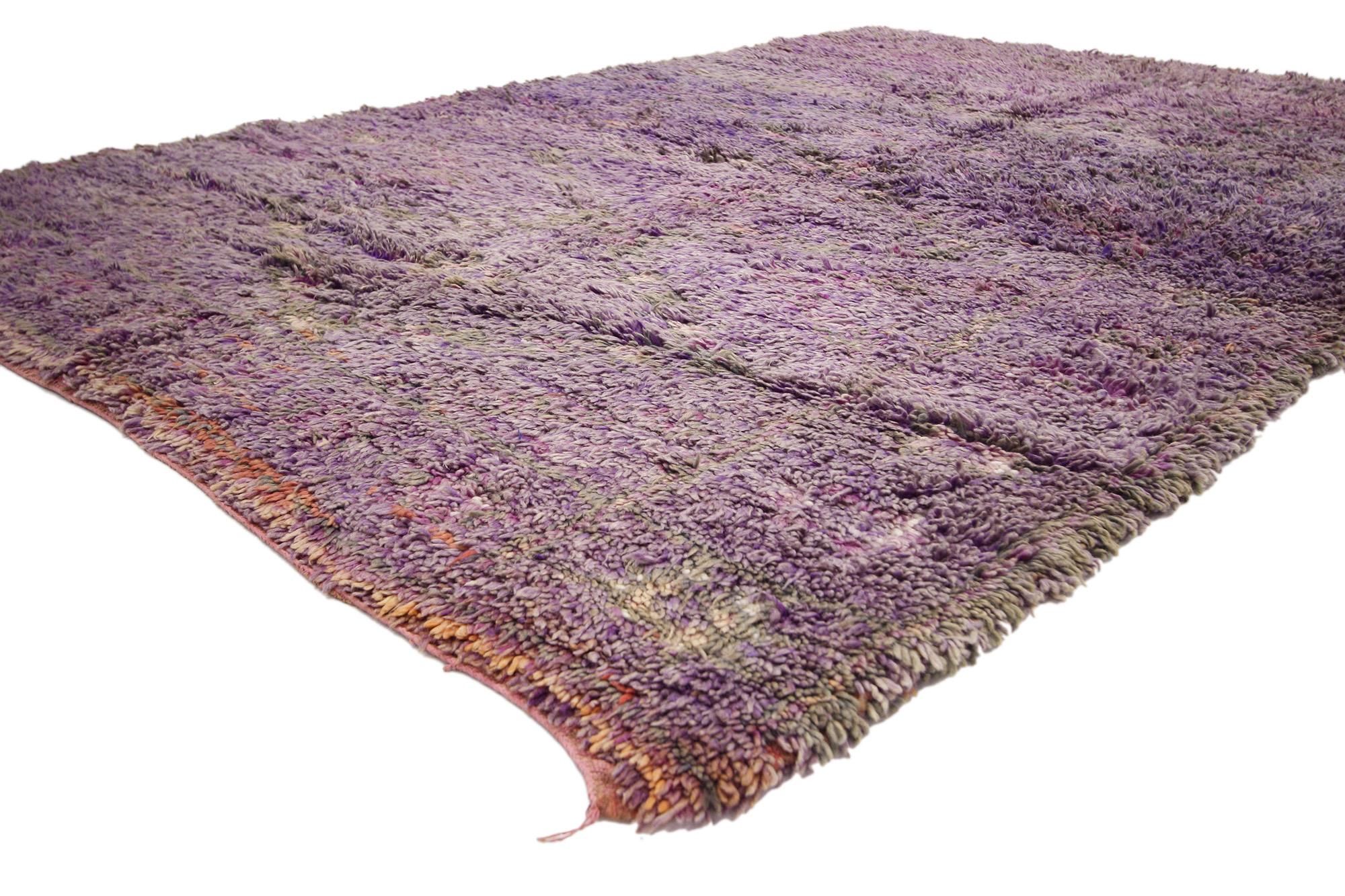 20753 Vintage Purple Beni Mrirt Moroccan Rug, 06'02 x 09'02. Beni Mrirt rugs epitomize a cherished tradition of Moroccan weaving, celebrated for their luxurious texture, geometric designs, and soothing earth tones. Handcrafted by skilled artisans of