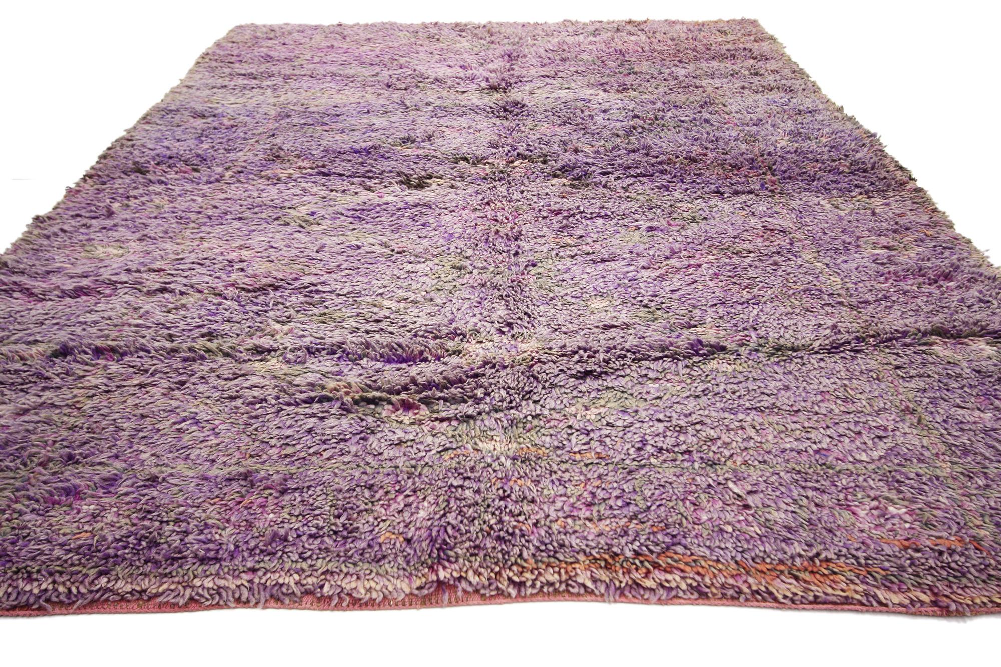 Bohemian Vintage Purple Beni Mrirt Moroccan Rug, Boho Chic Meets Tribal Enchantment For Sale