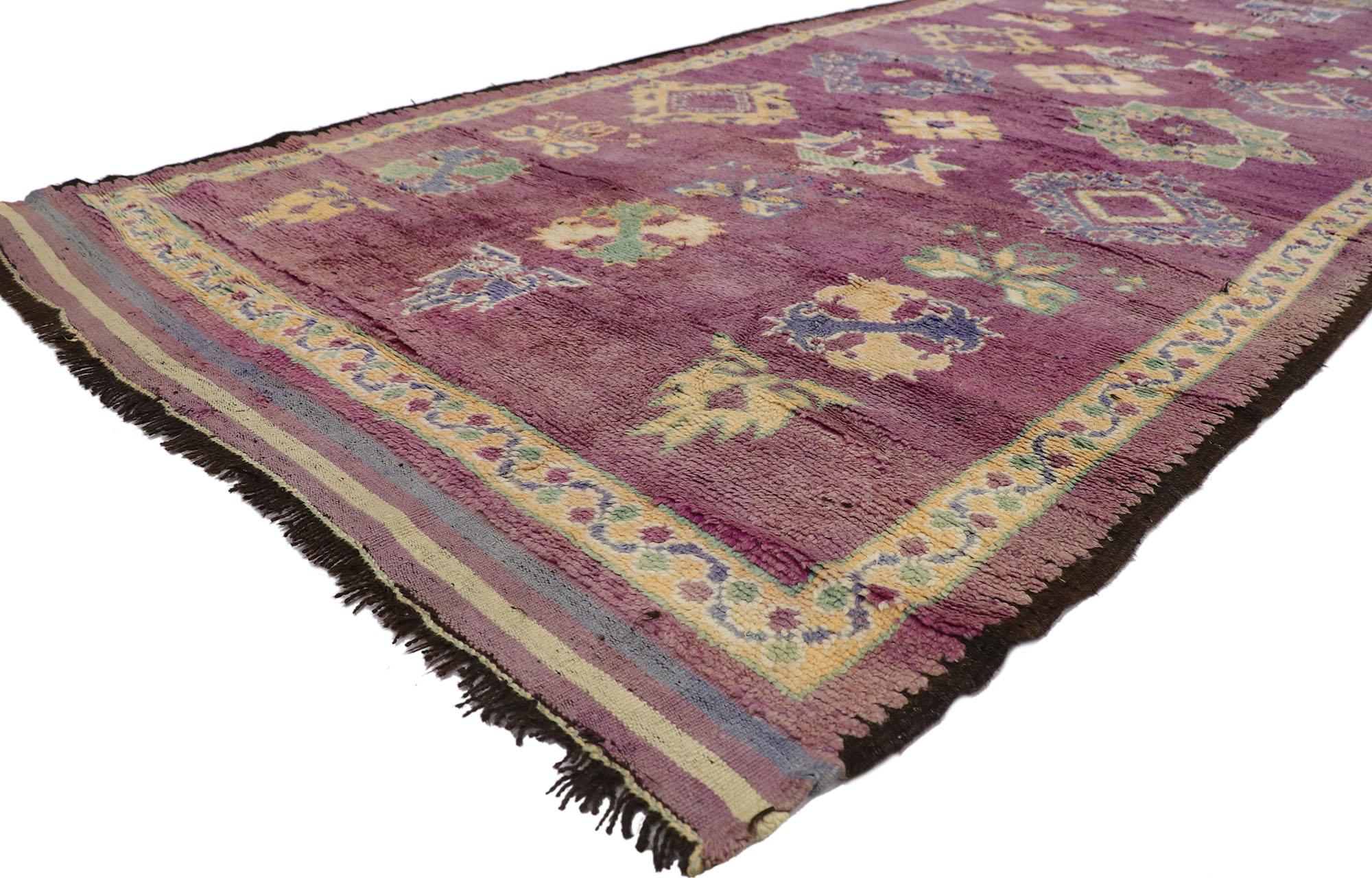 21451 Vintage Berber Purple Boujad Moroccan rug with Boho Chic Tribal Style 05'05 x 11'10. Showcasing an expressive tribal design in soft colors, incredible detail and texture, this hand knotted wool vintage Berber purple Boujad Moroccan rug is a