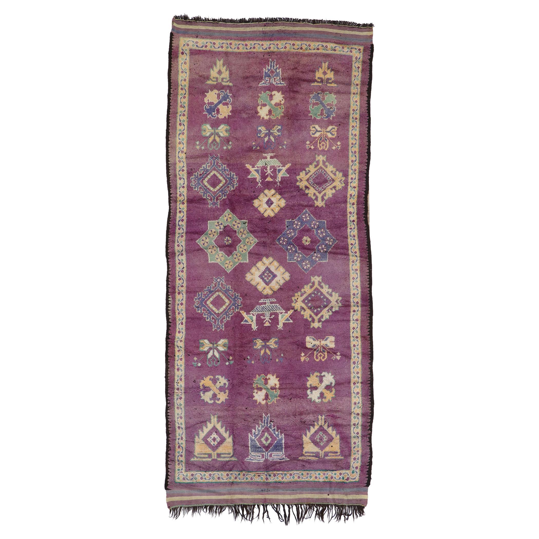Vintage Purple Boujad Moroccan Rug with Boho Chic Tribal Style