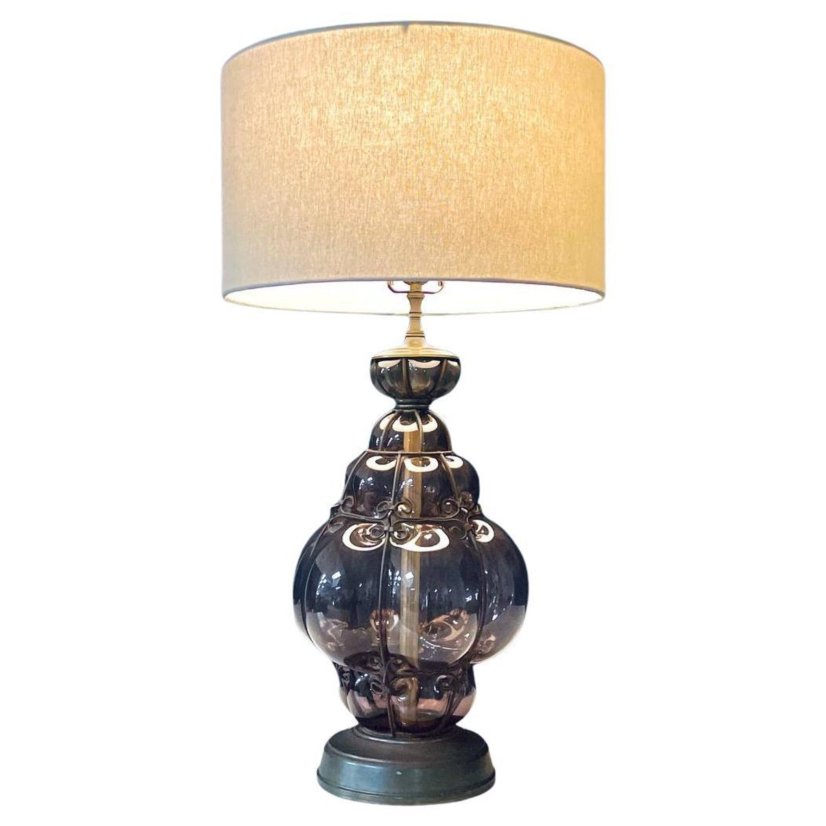 Vintage Purple Bubble Glass & Brass Table Lamp