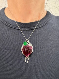 Certified intense Green Jade, Carved Tourmaline, & Diamond Pendant. Vivid Colors