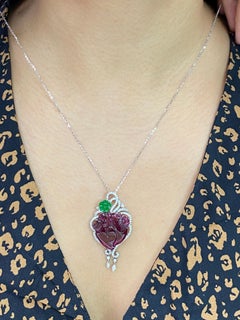 Vintage Purple Carved Tourmaline, Jade, Diamond Pendant, 18 Karat White Gold