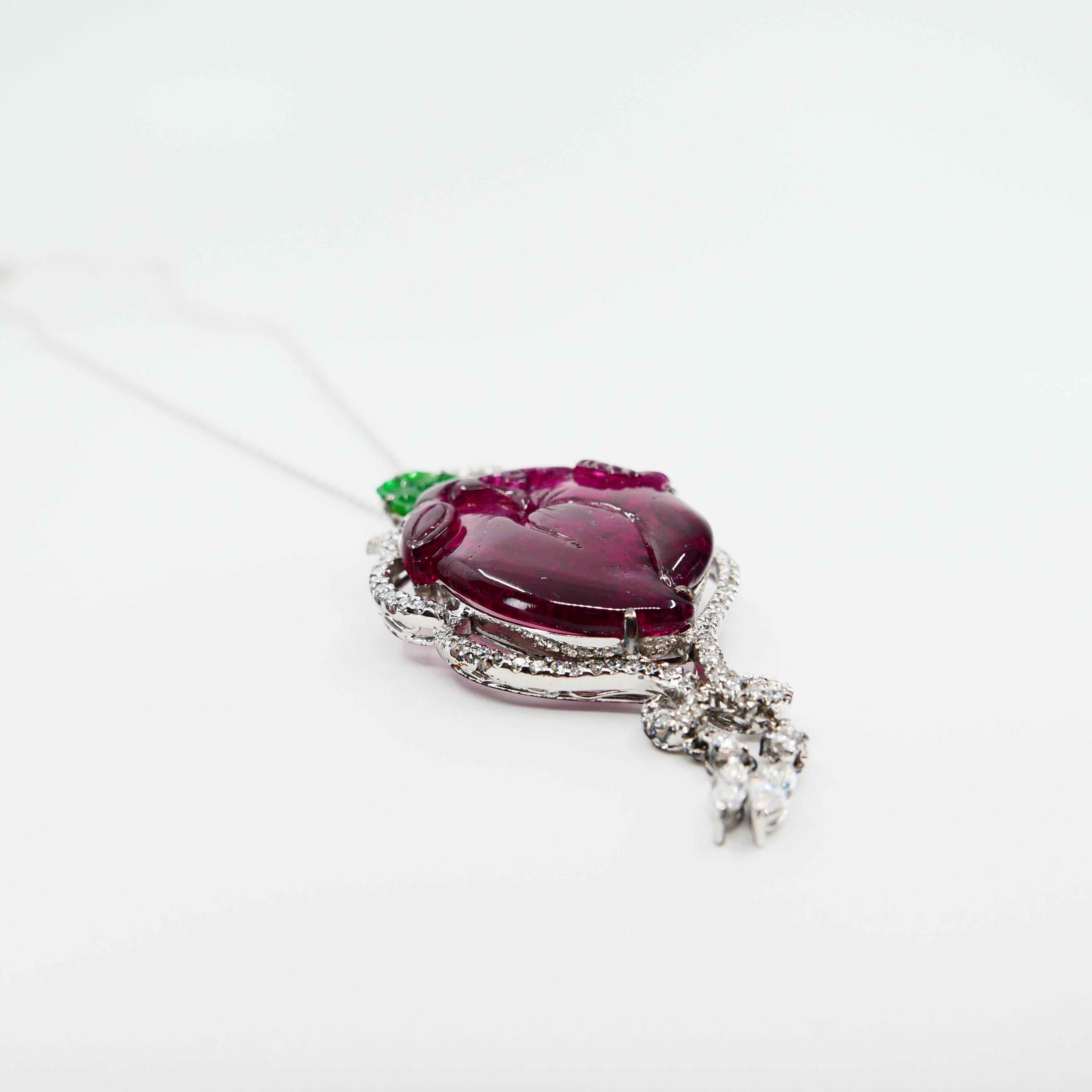 Vintage Purple Carved Tourmaline, Jade, Diamond Pendant, 18 Karat White Gold In Good Condition For Sale In Hong Kong, HK