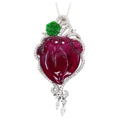 Used Purple Carved Tourmaline, Jade, Diamond Pendant, 18 Karat White Gold