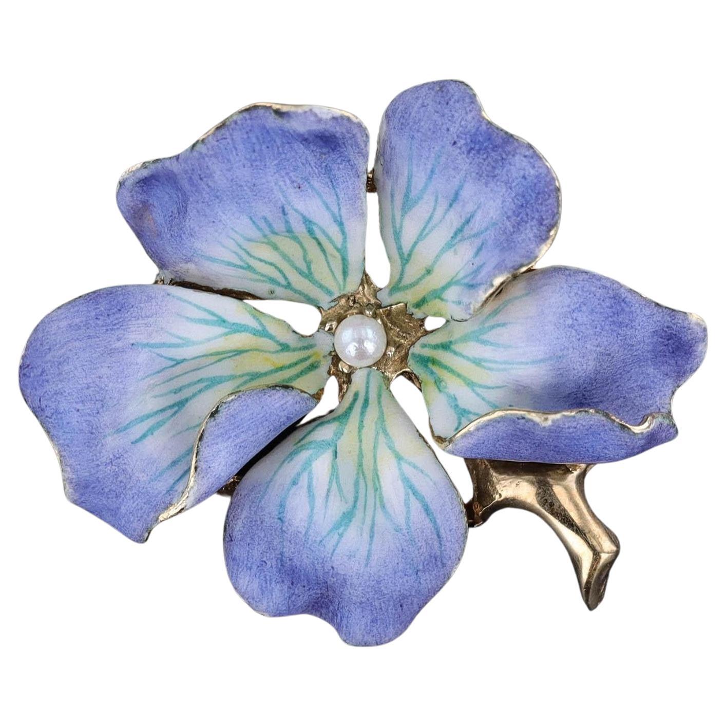 Vintage Purple Enamel Flower Brooch of 14k Gold